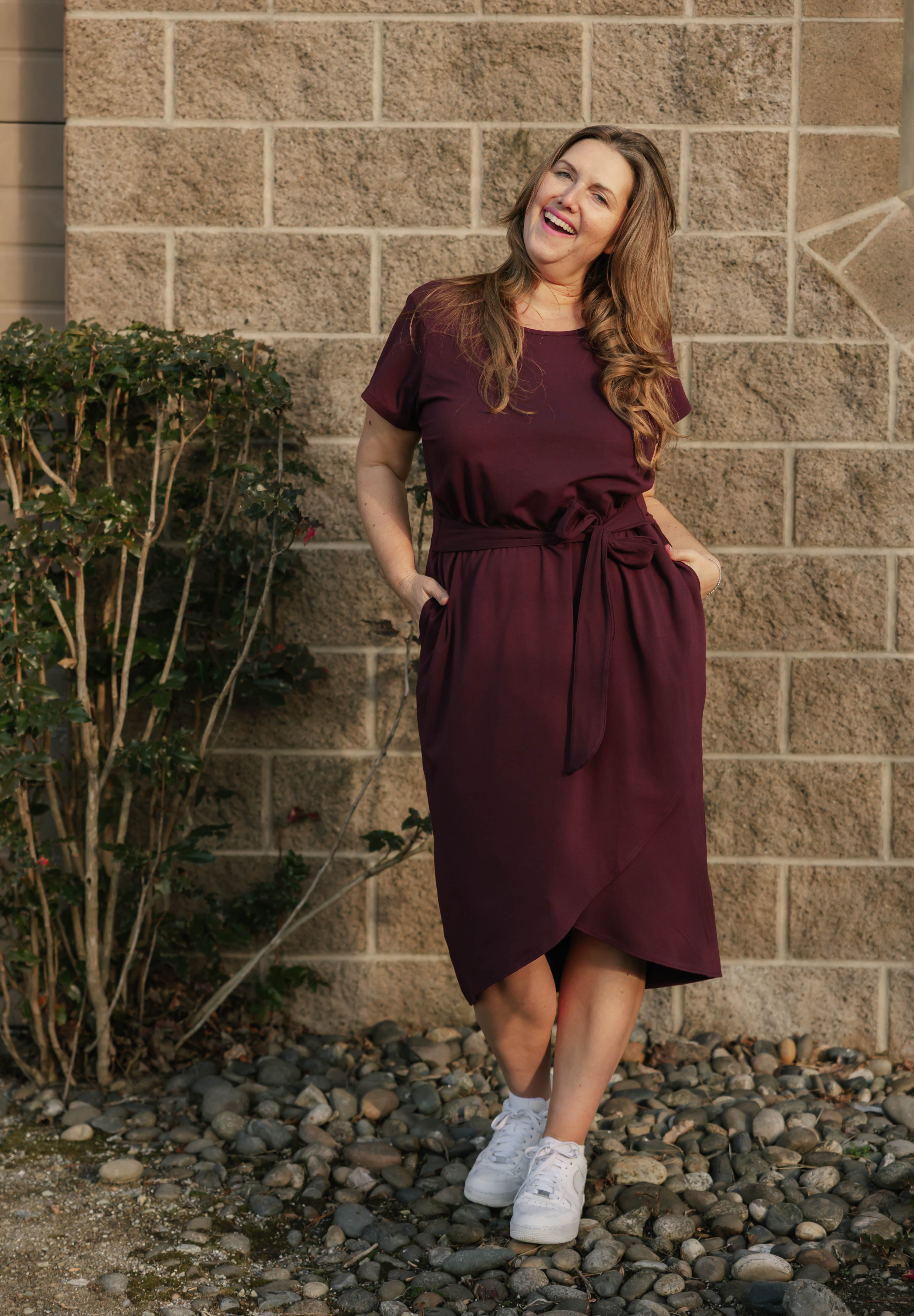 burgundy wrap midi dress silk wrap midi dress