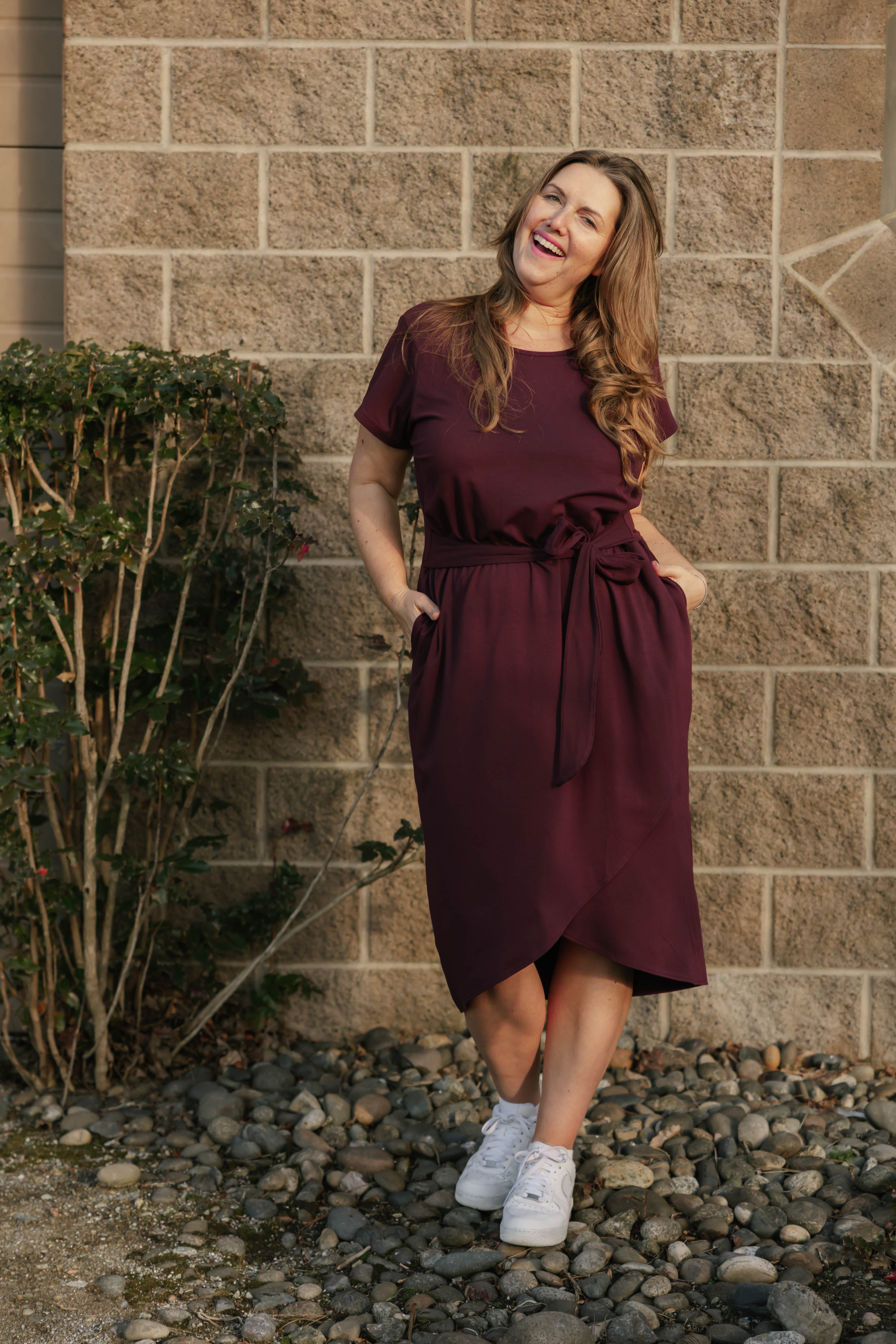 Rebecca Wrap Midi Dress in Deep Burgundy