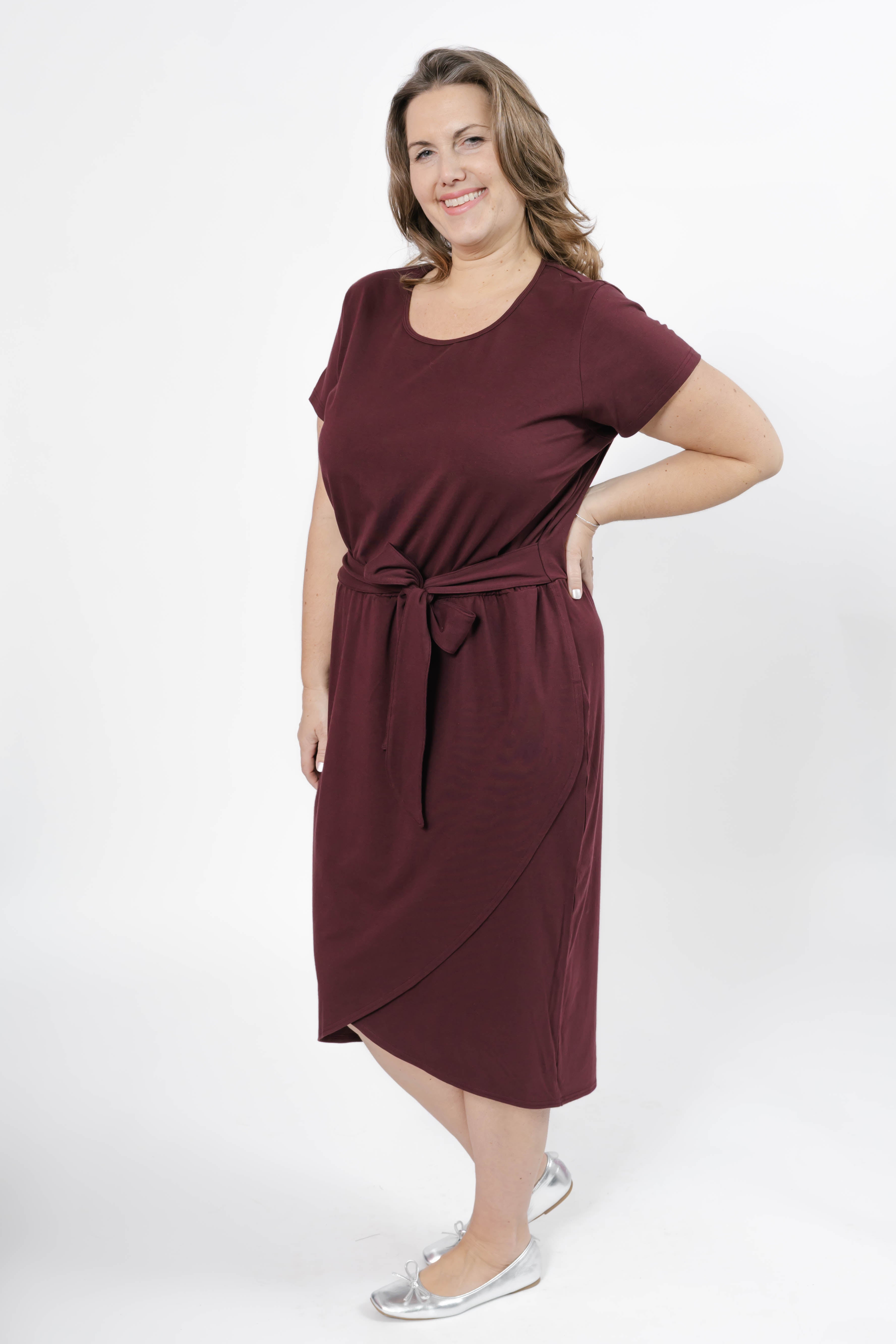 Rebecca Wrap Midi Dress in Deep Burgundy