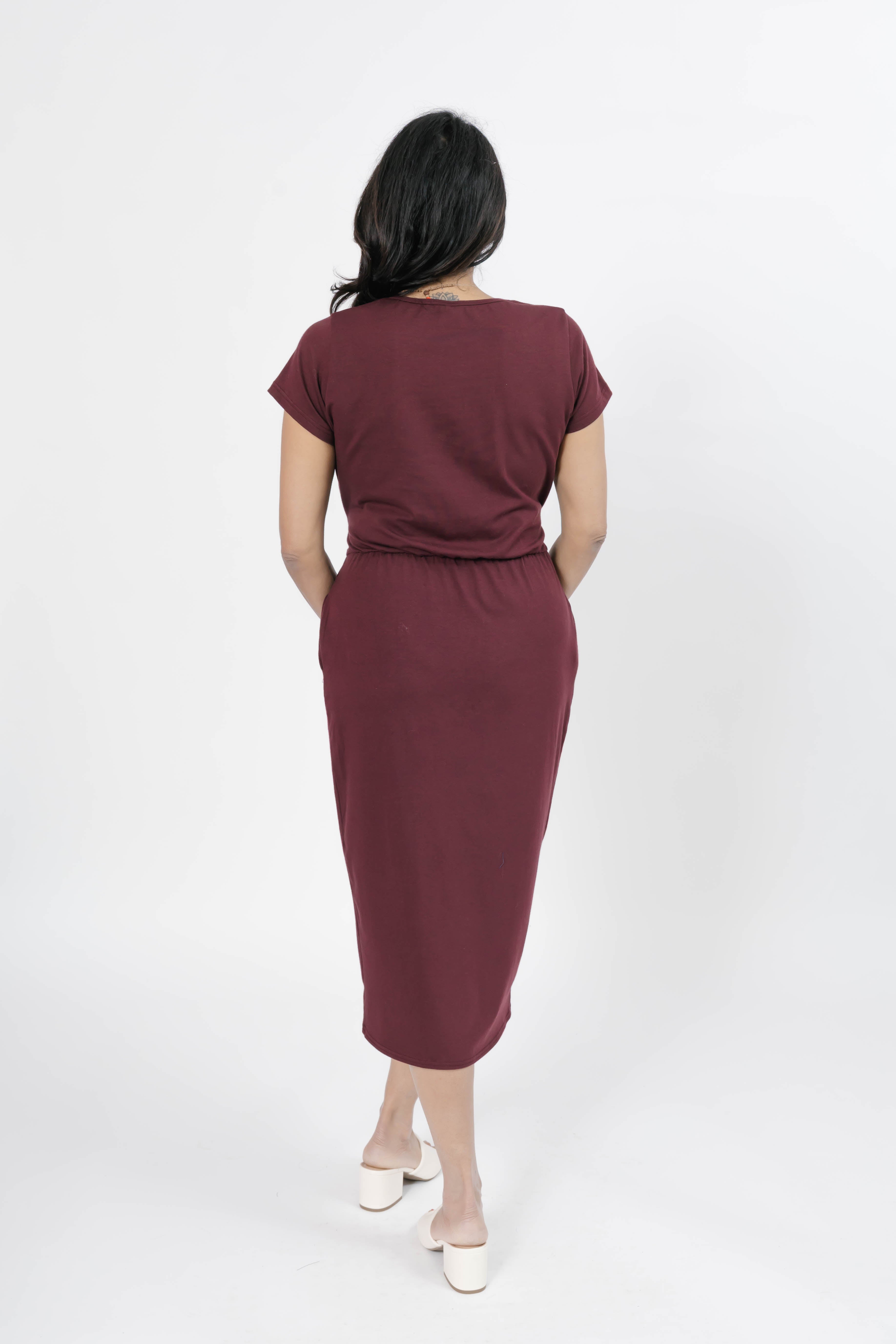 Rebecca Wrap Midi Dress in Deep Burgundy