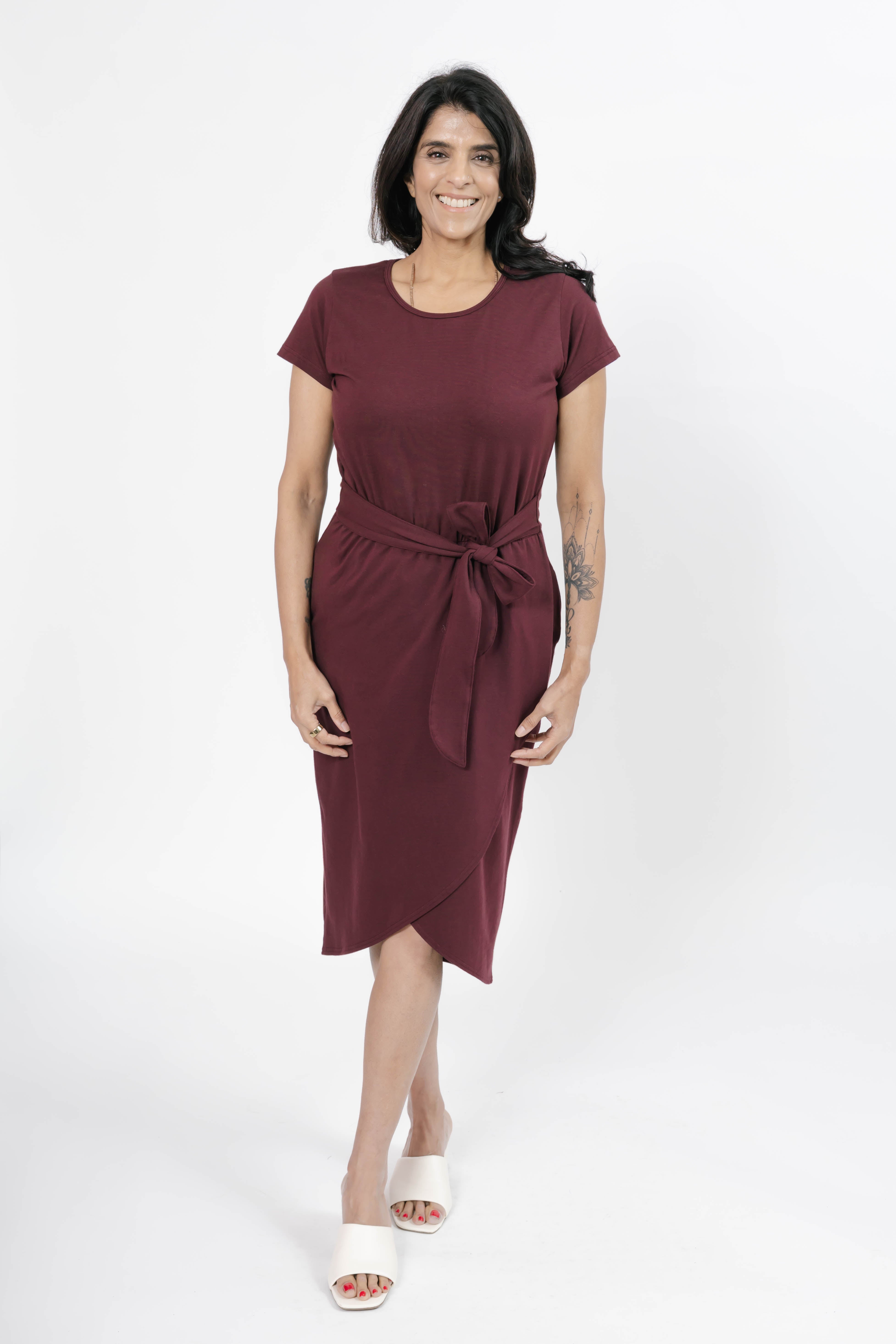 Rebecca Wrap Midi Dress in Deep Burgundy