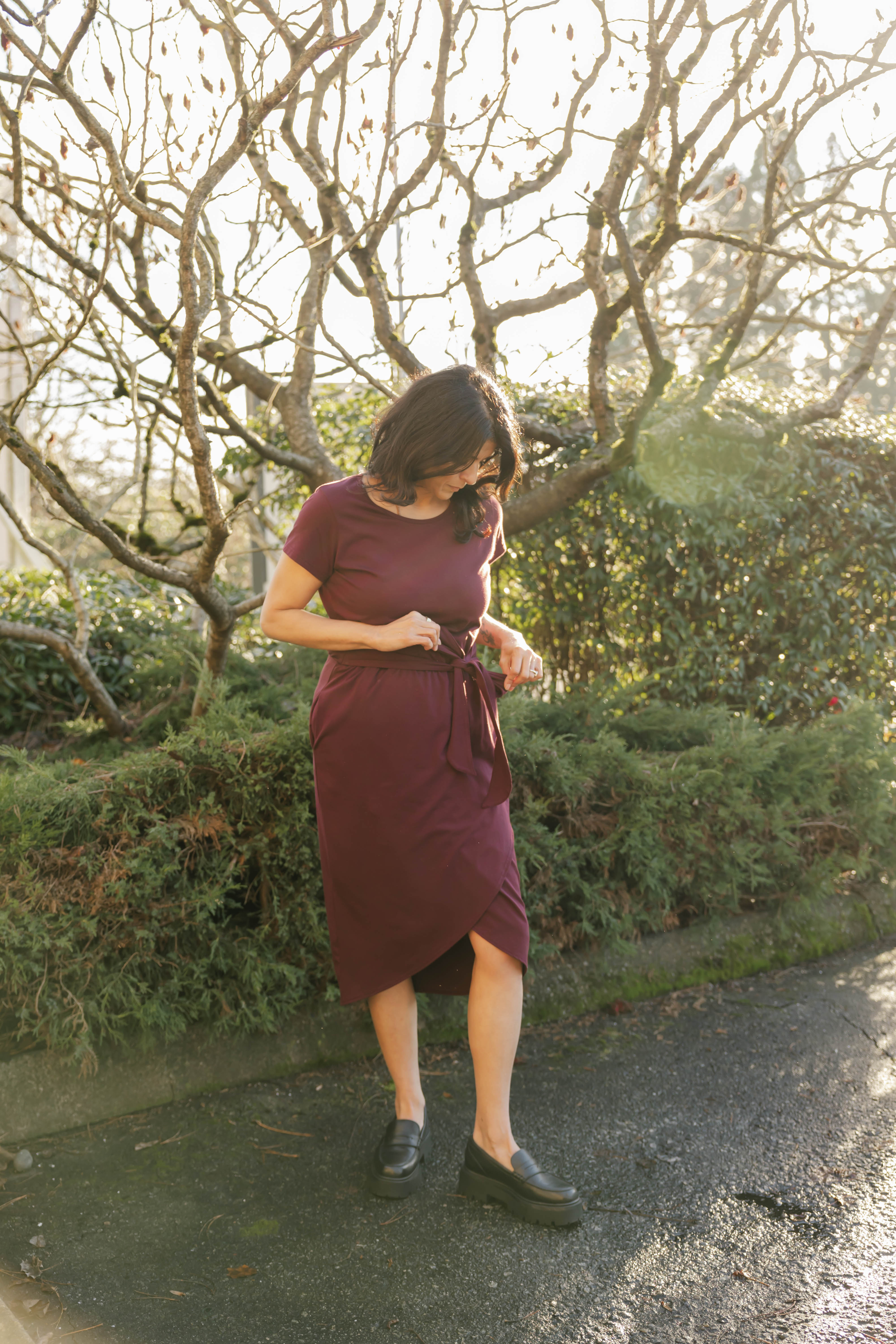 Rebecca Wrap Midi Dress in Deep Burgundy