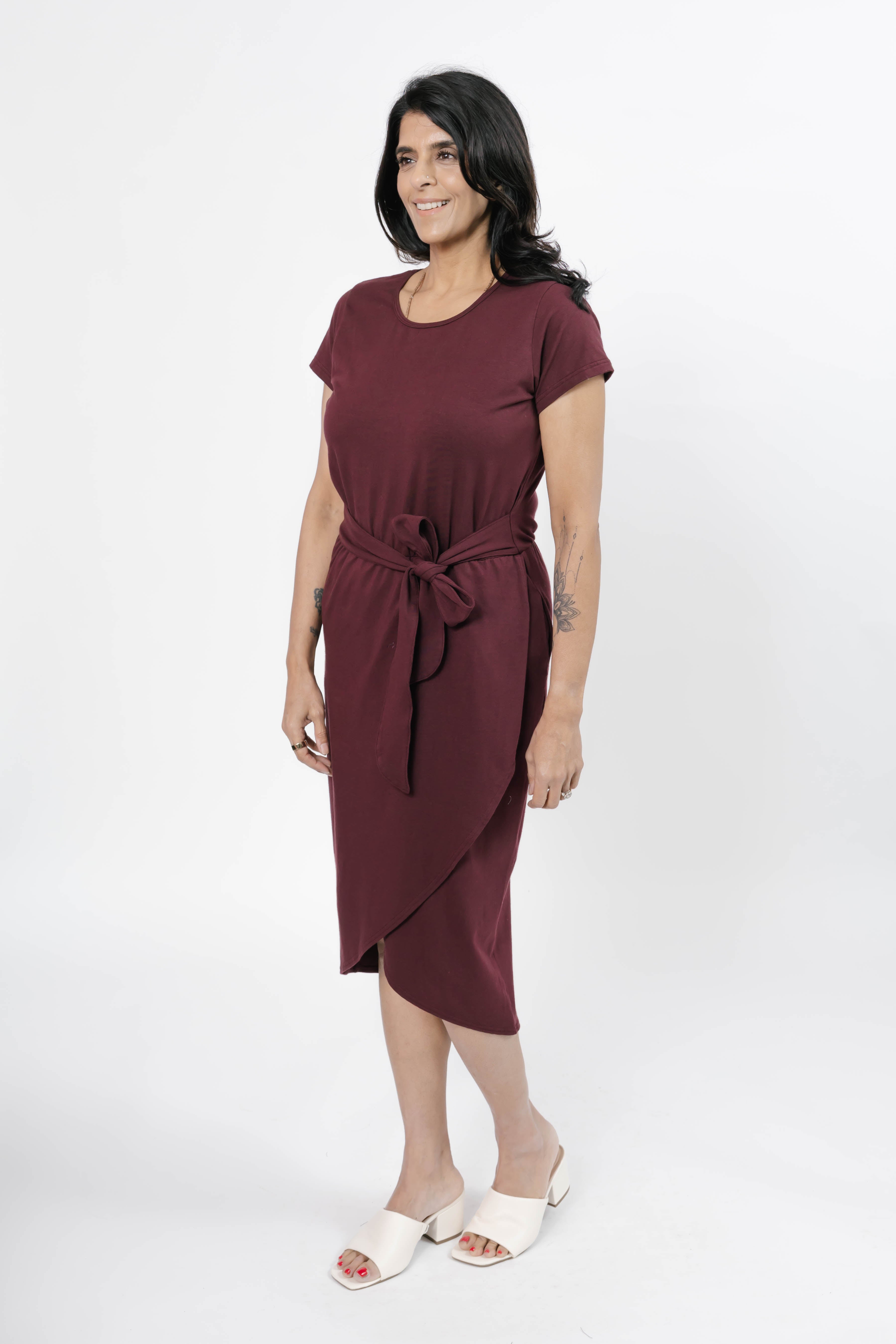 Rebecca Wrap Midi Dress in Deep Burgundy