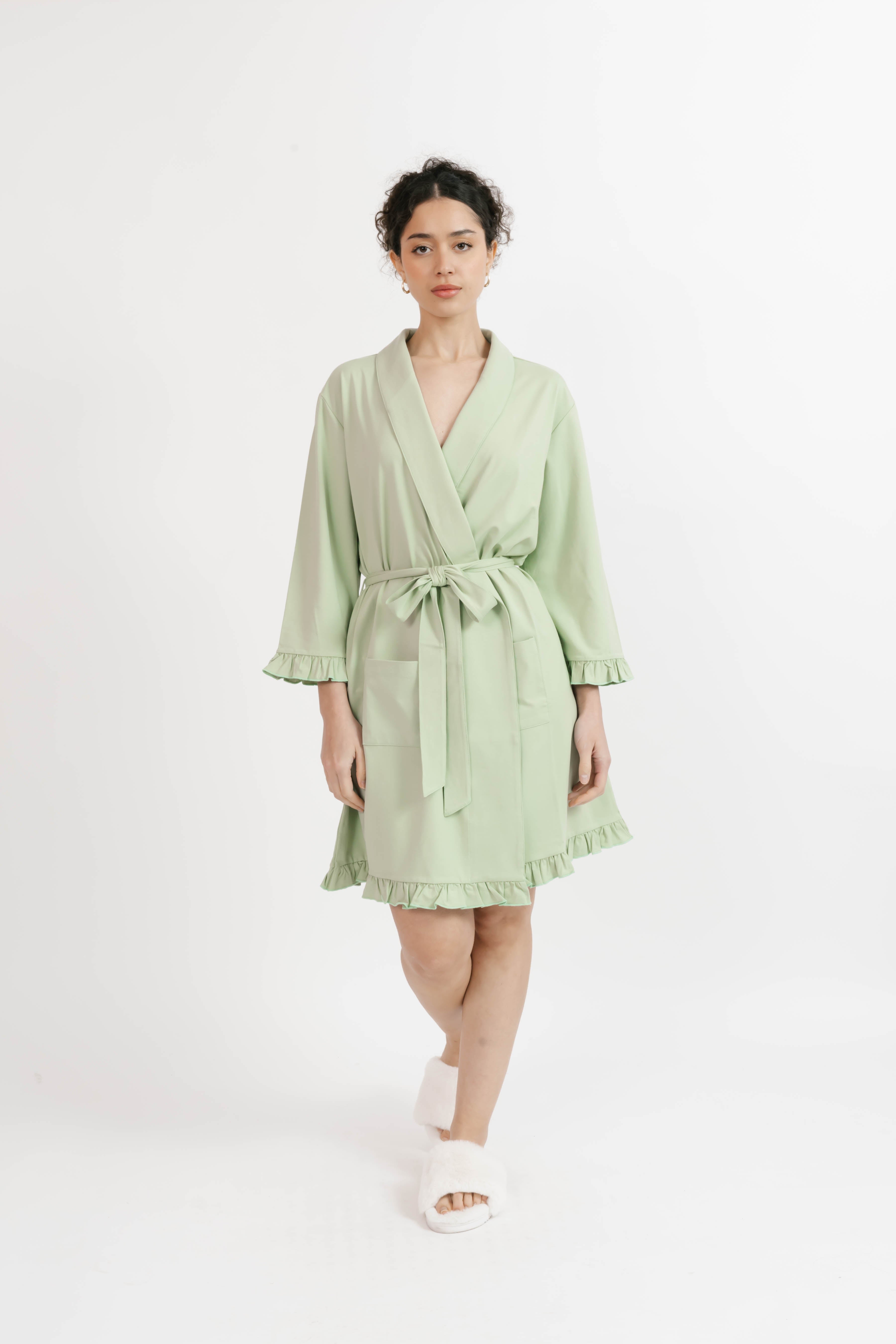 Ruffle Robe in Sage Green