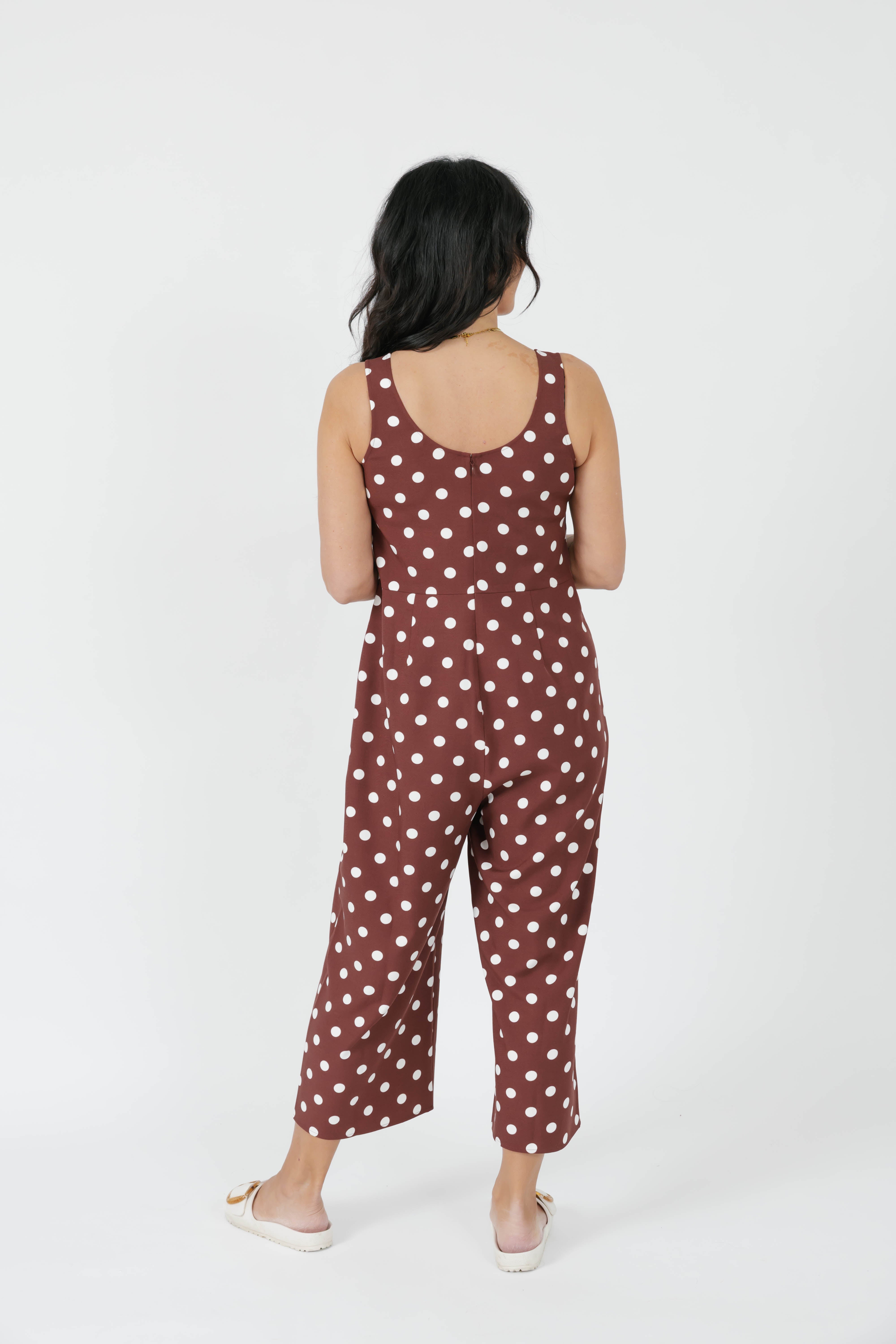 Lucy Polka Dot Cropped Romper in Warm Brown