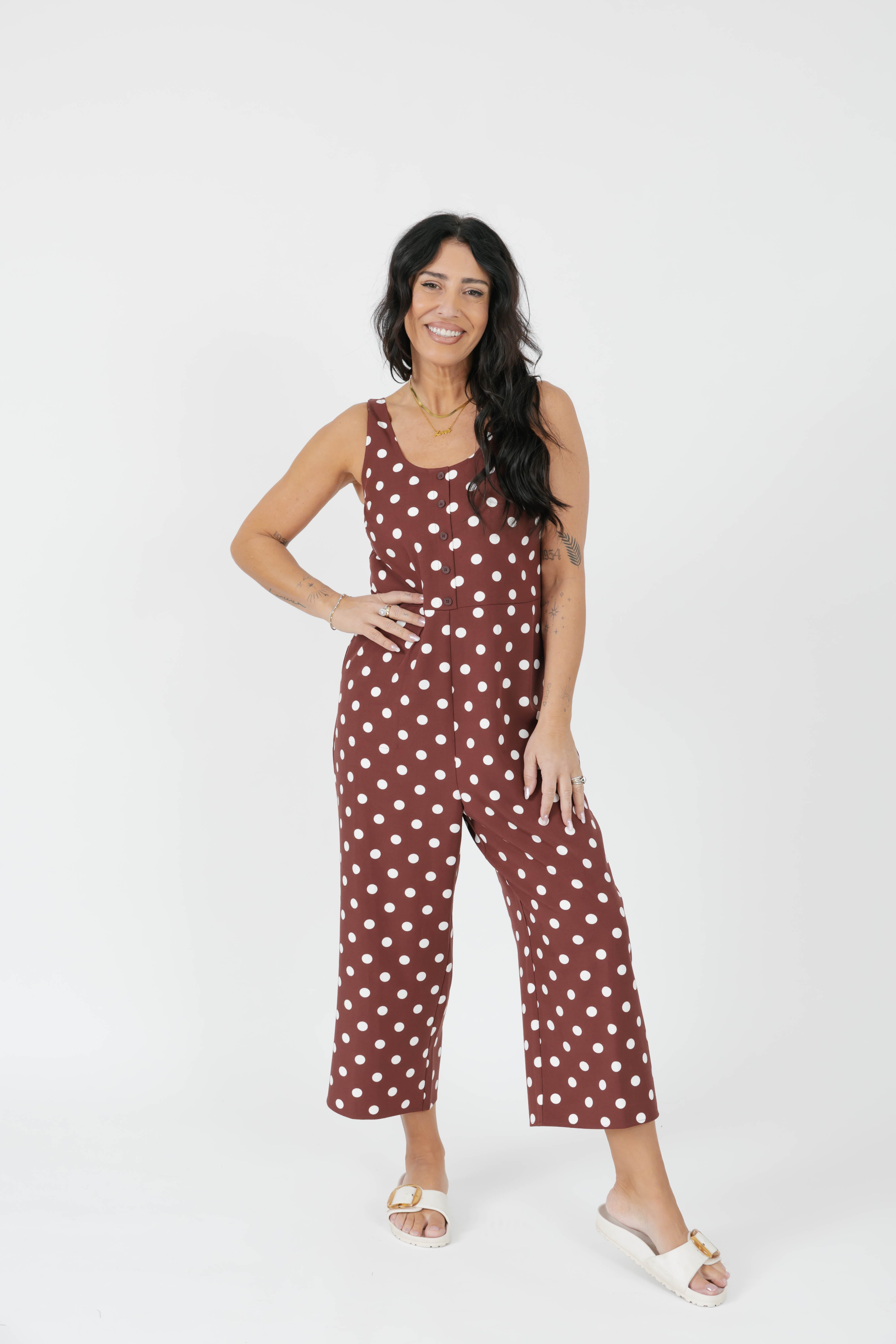 Lucy Polka Dot Cropped Romper in Warm Brown