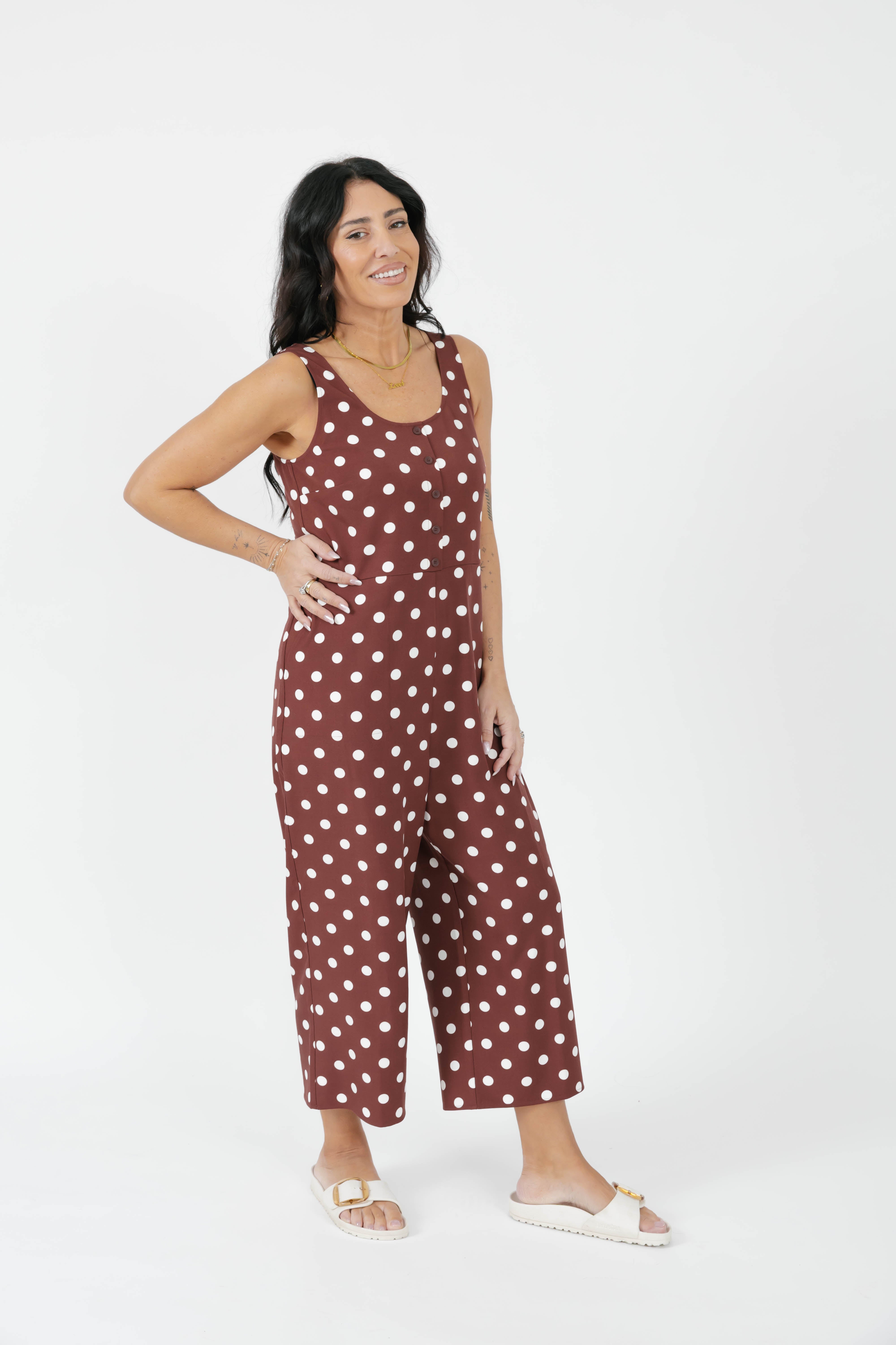 Lucy Polka Dot Cropped Romper in Warm Brown