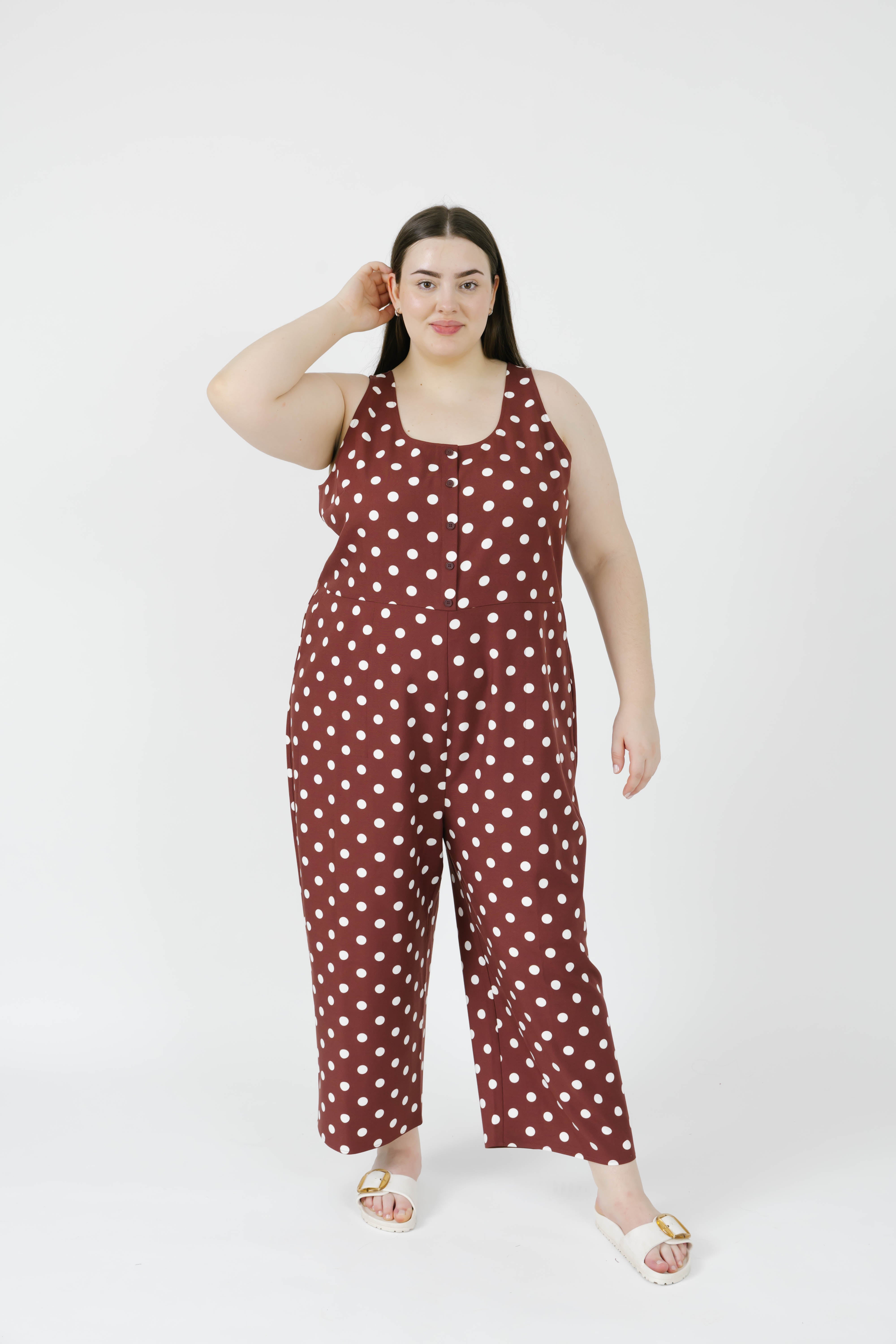 Lucy Polka Dot Cropped Romper in Warm Brown