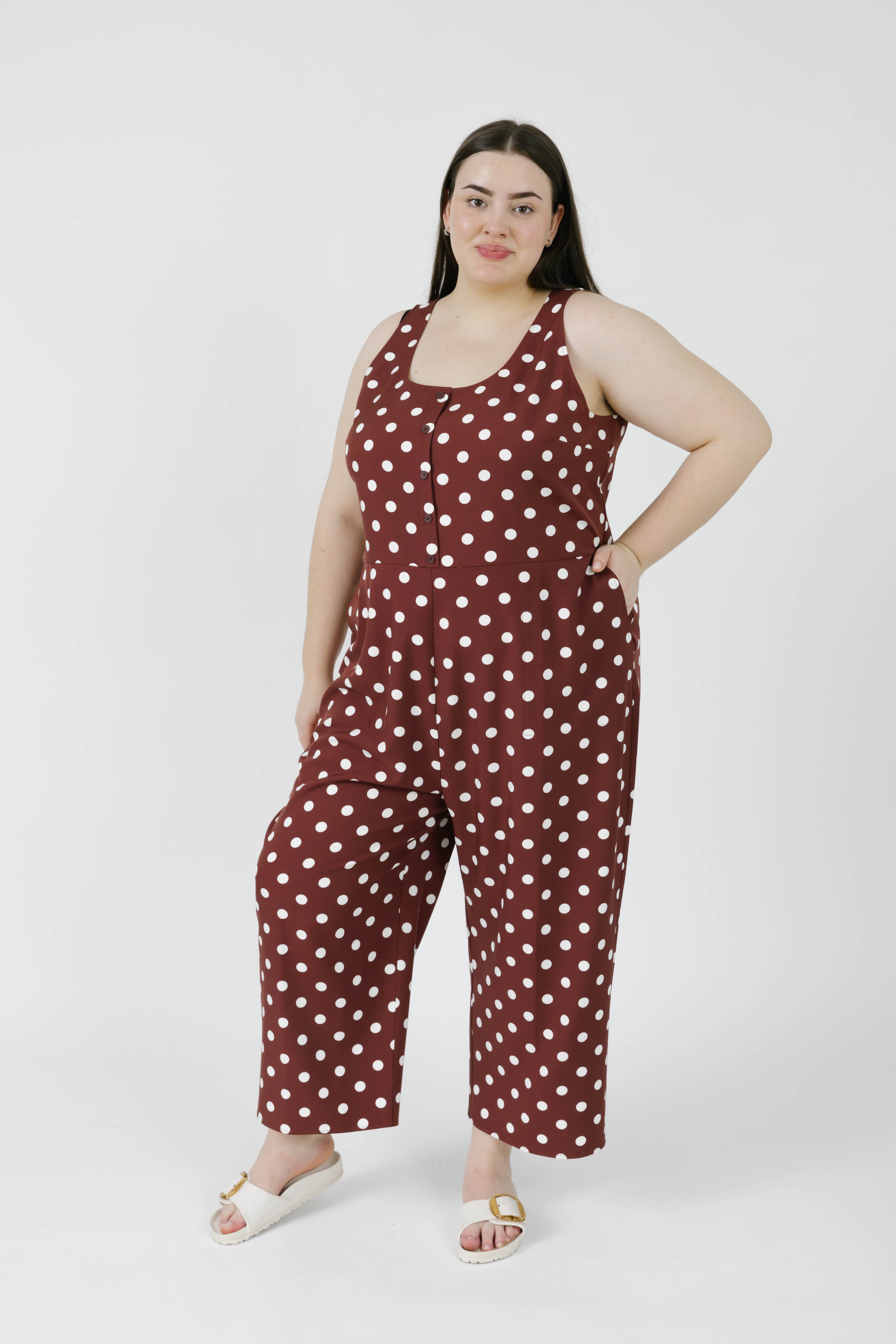 Lucy Polka Dot Cropped Romper in Warm Brown
