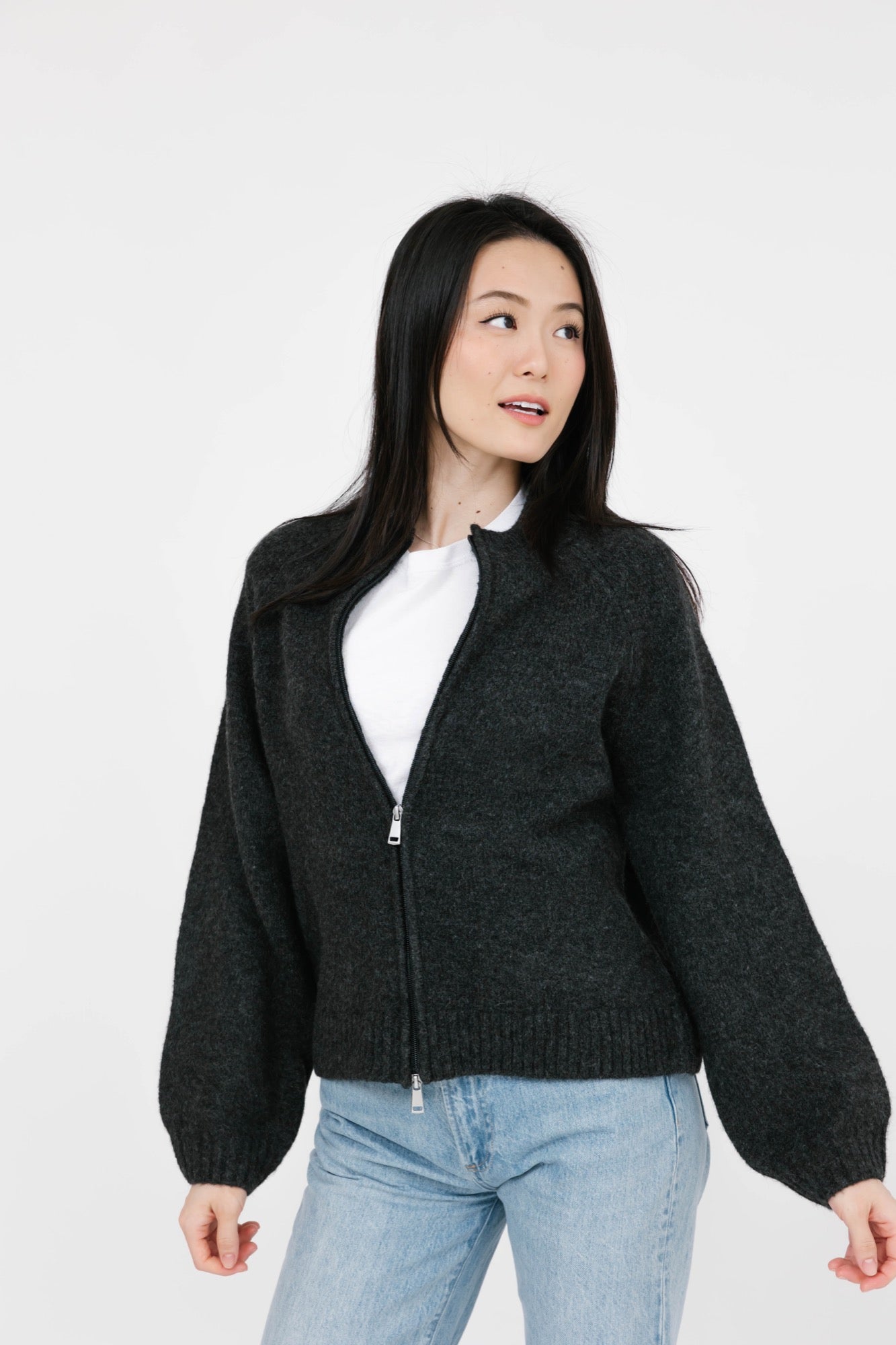 Rory Zip Up Sweater in Charcoal Mix