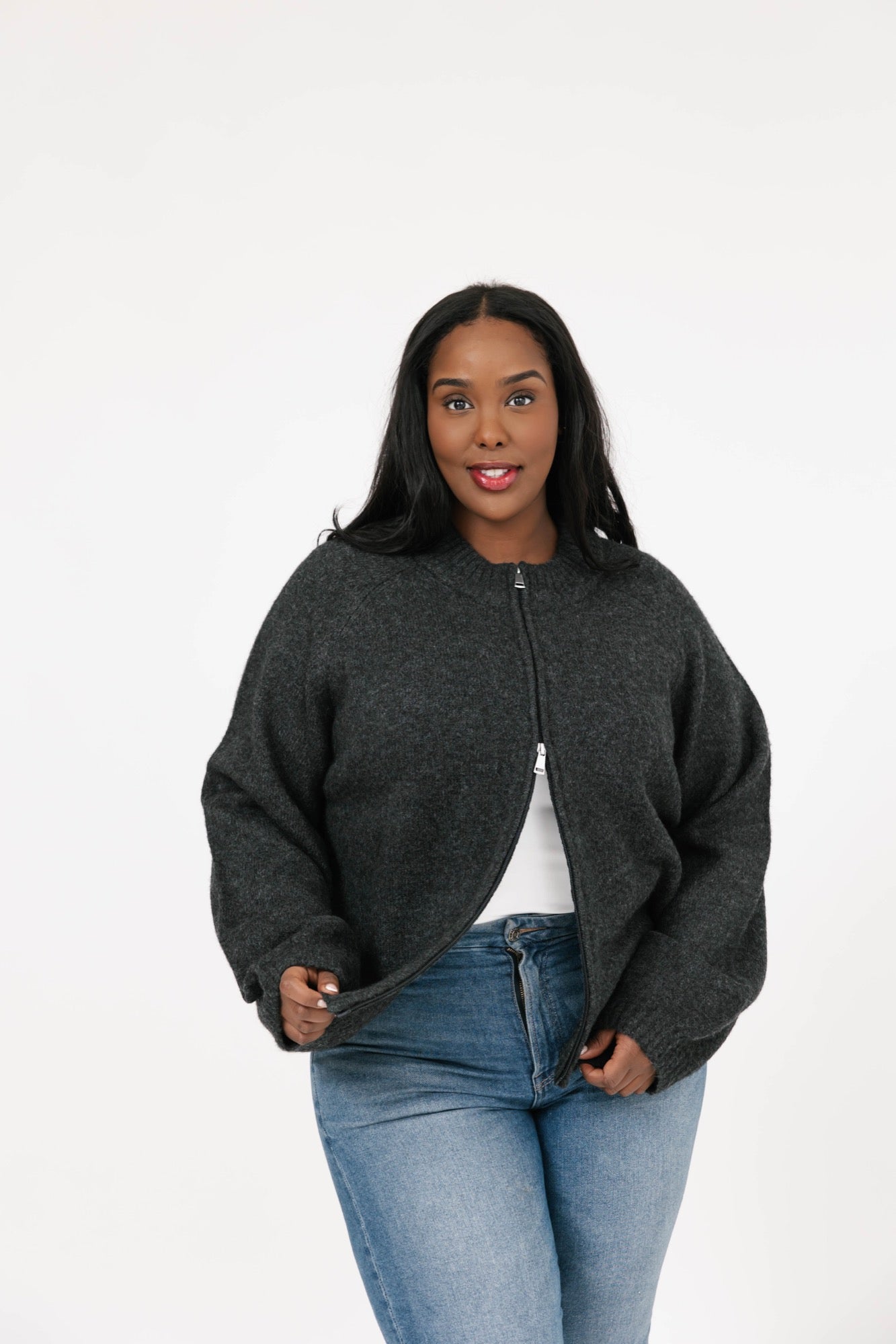 Rory Zip Up Sweater in Charcoal Mix