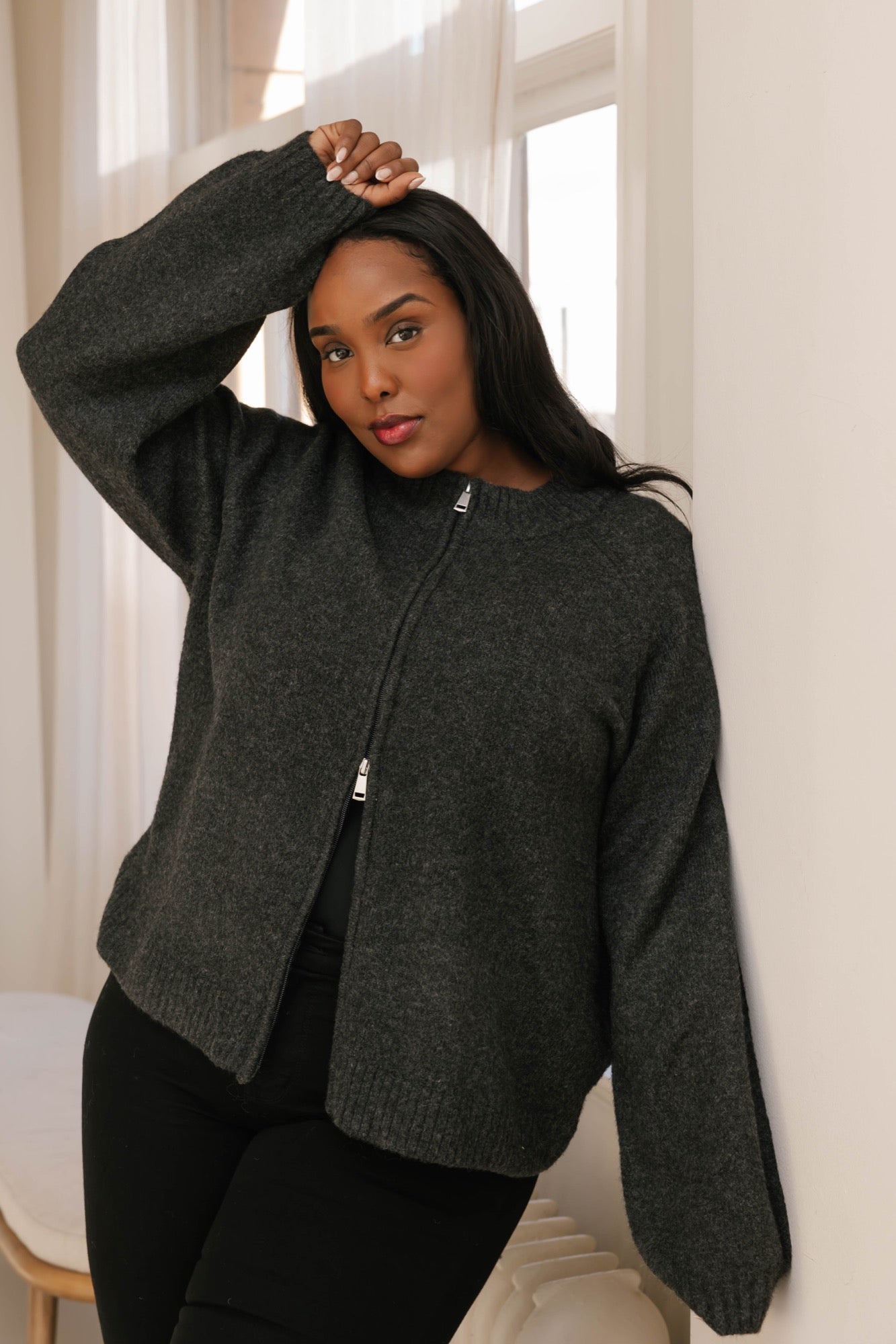 Rory Zip Up Sweater in Charcoal Mix