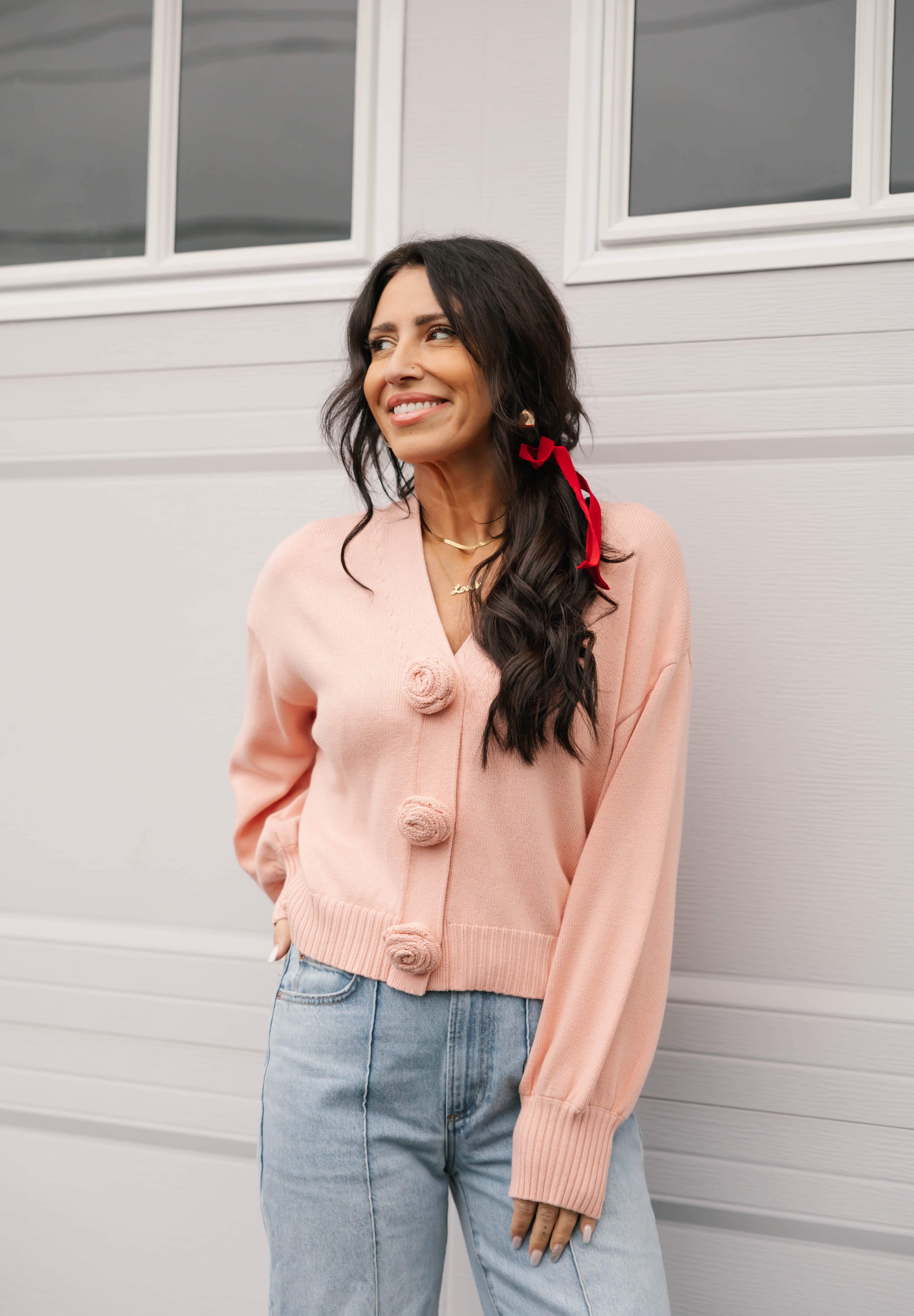 Rosette Cardigan in Blushing Pink – Smash + Tess