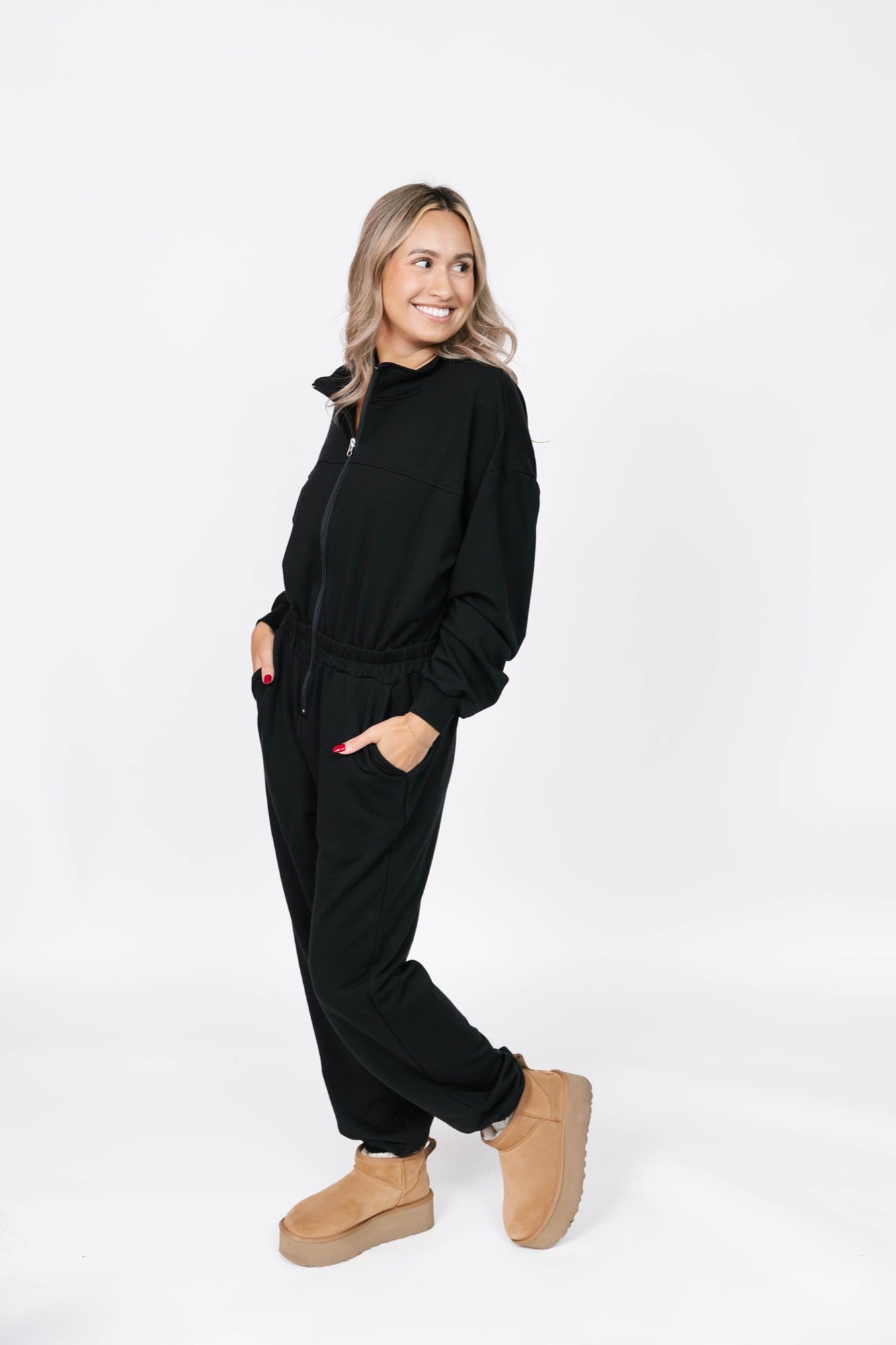 Sadi Sweatfleece Romper in Midnight Black