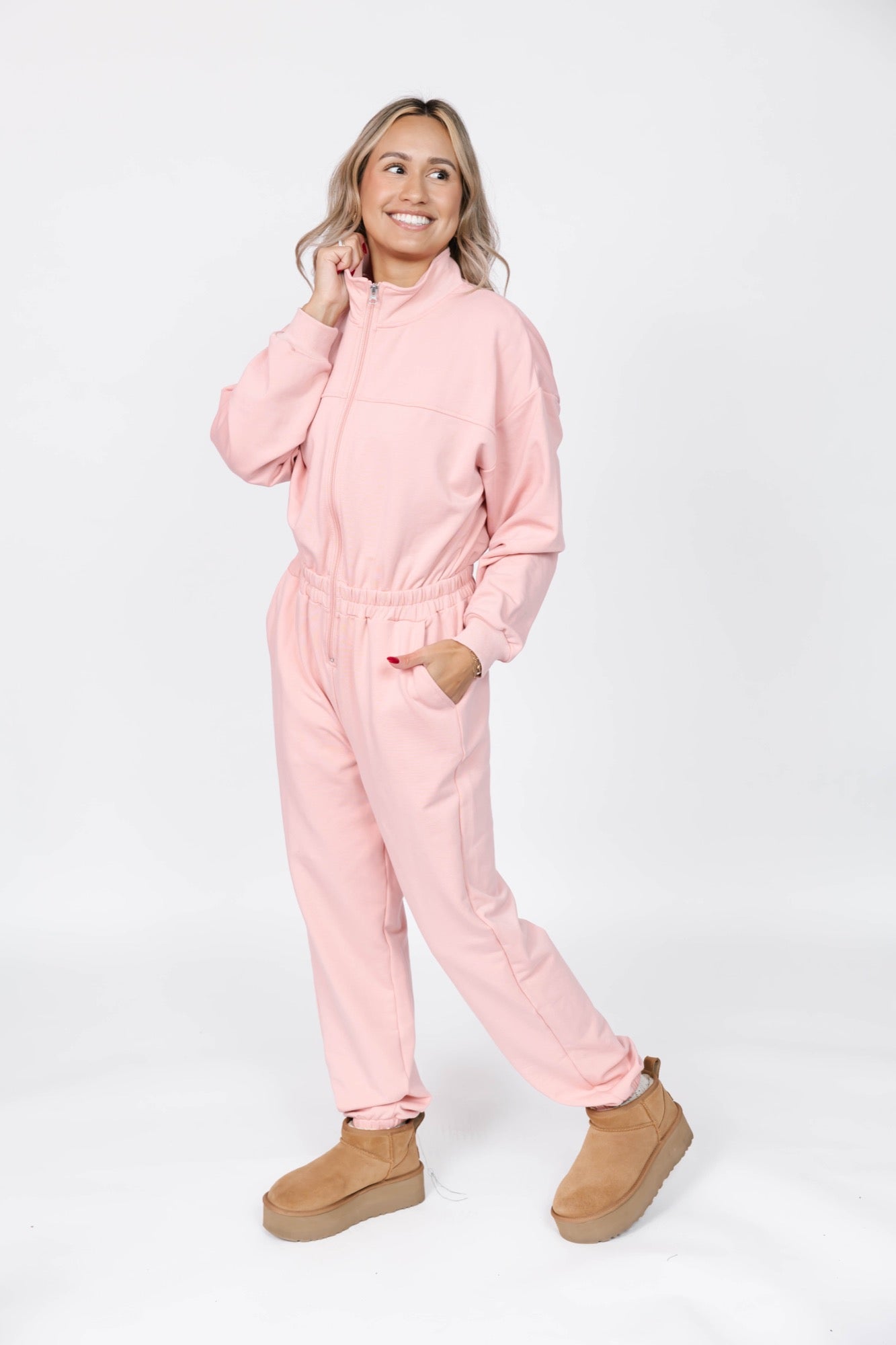 Sadi Sweatfleece Romper in Pretty Pink