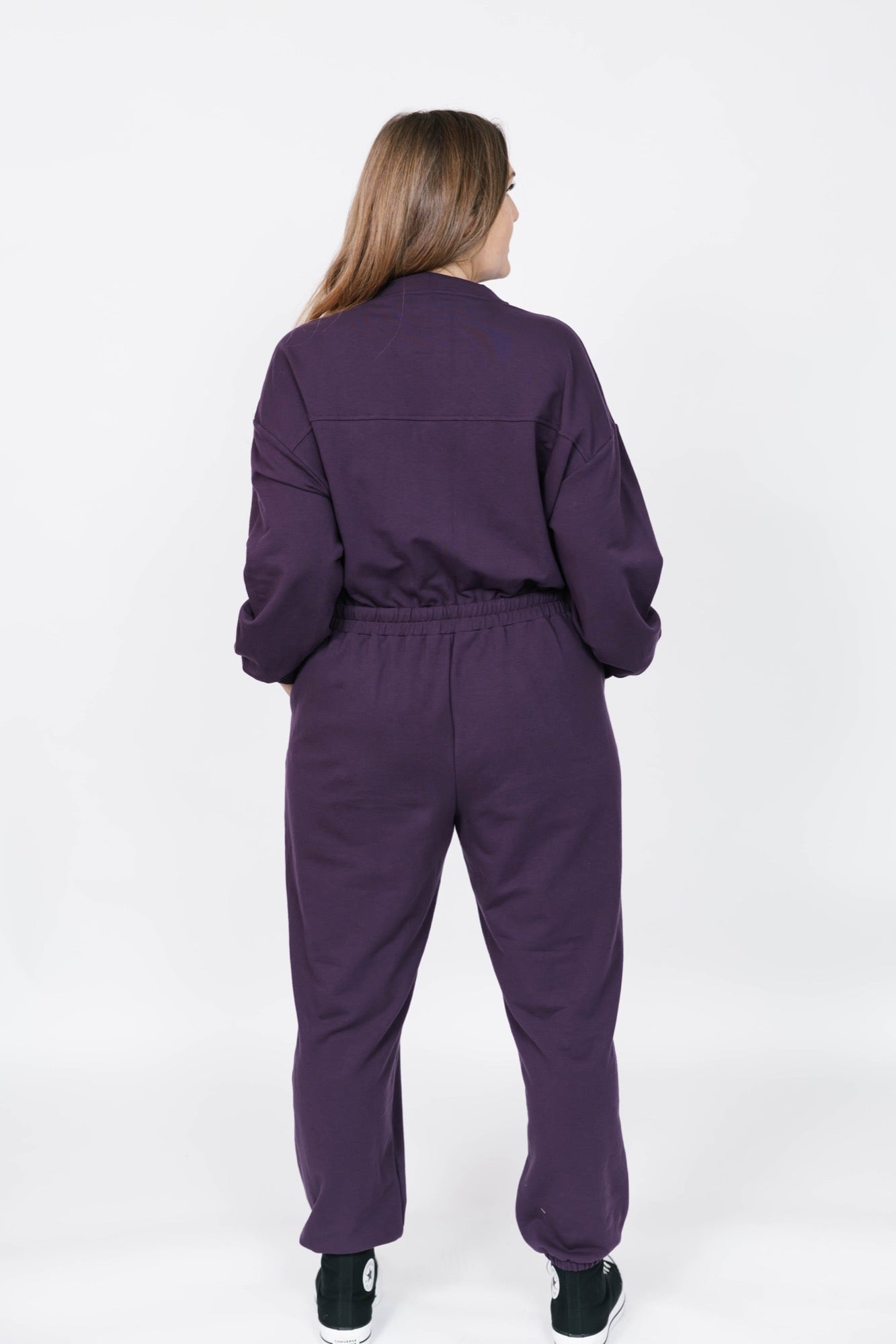 Sadi Sweatfleece Romper in Deep Plum