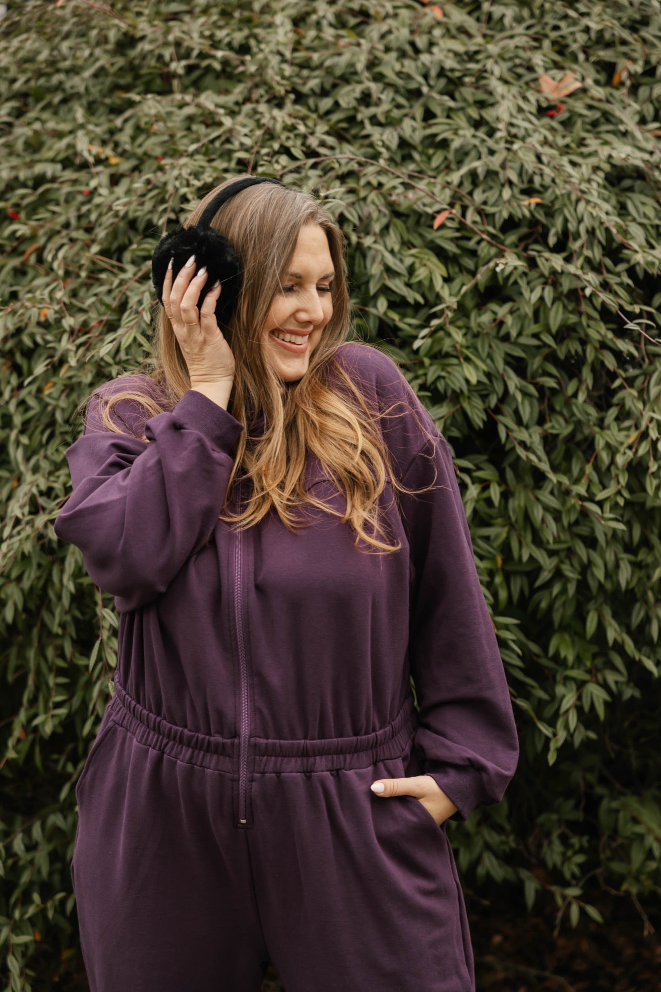 Sadi Sweatfleece Romper in Deep Plum