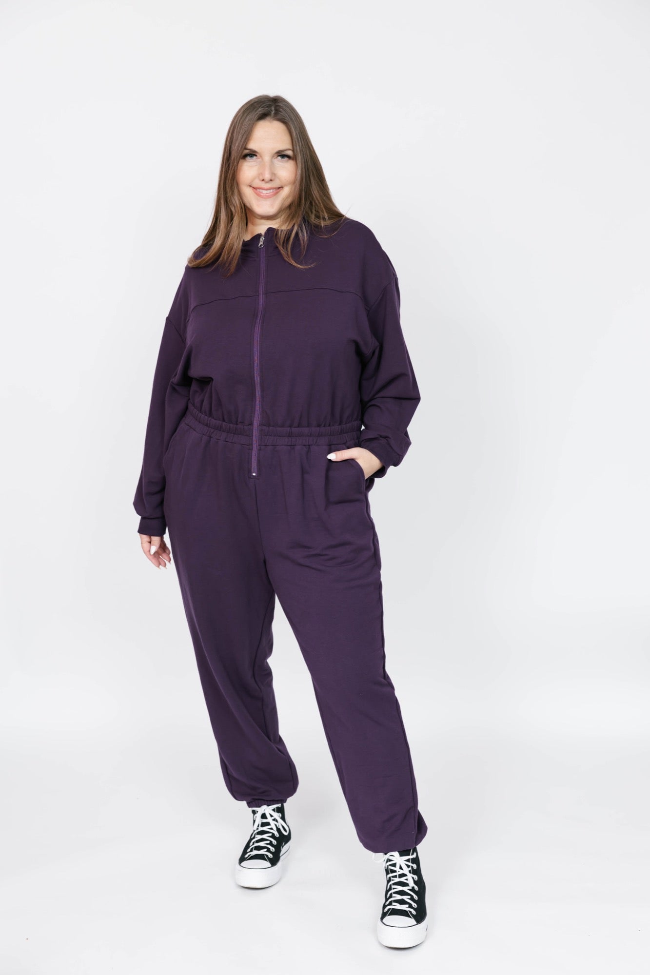 Sadi Sweatfleece Romper in Deep Plum