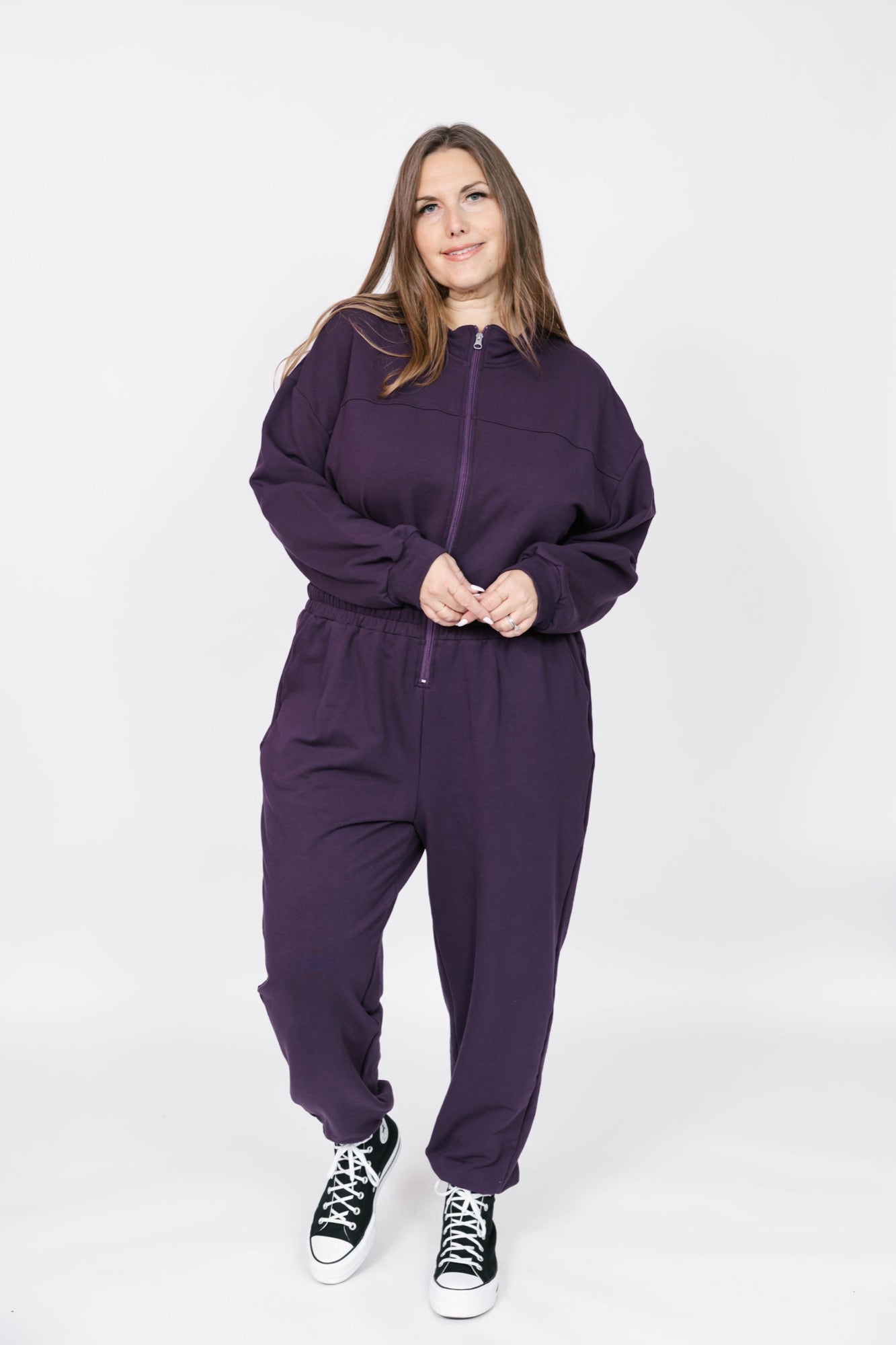 Sadi Sweatfleece Romper in Deep Plum