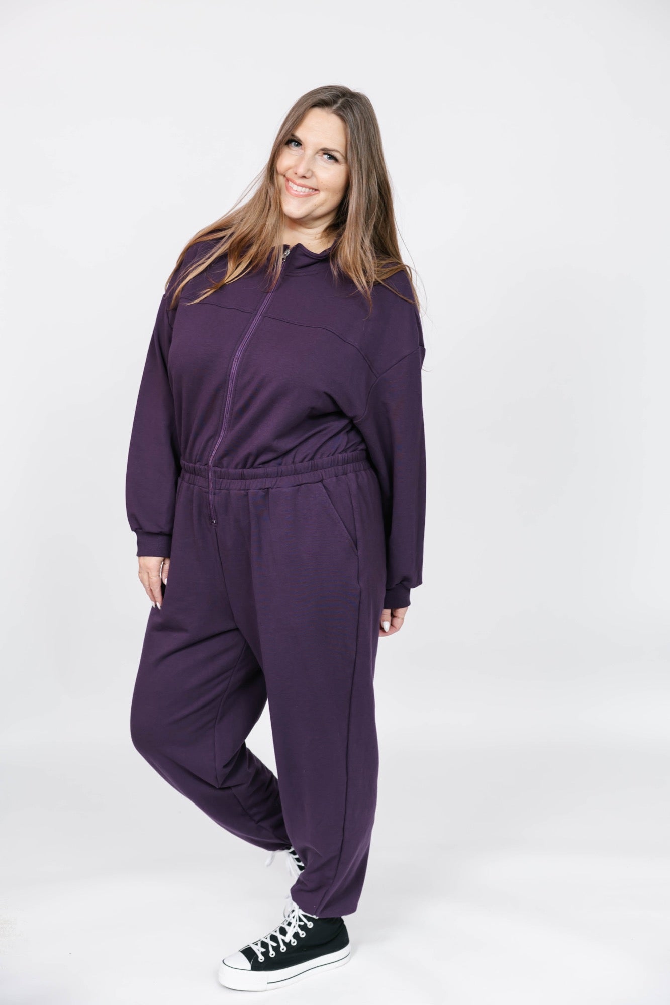 Sadi Sweatfleece Romper in Deep Plum