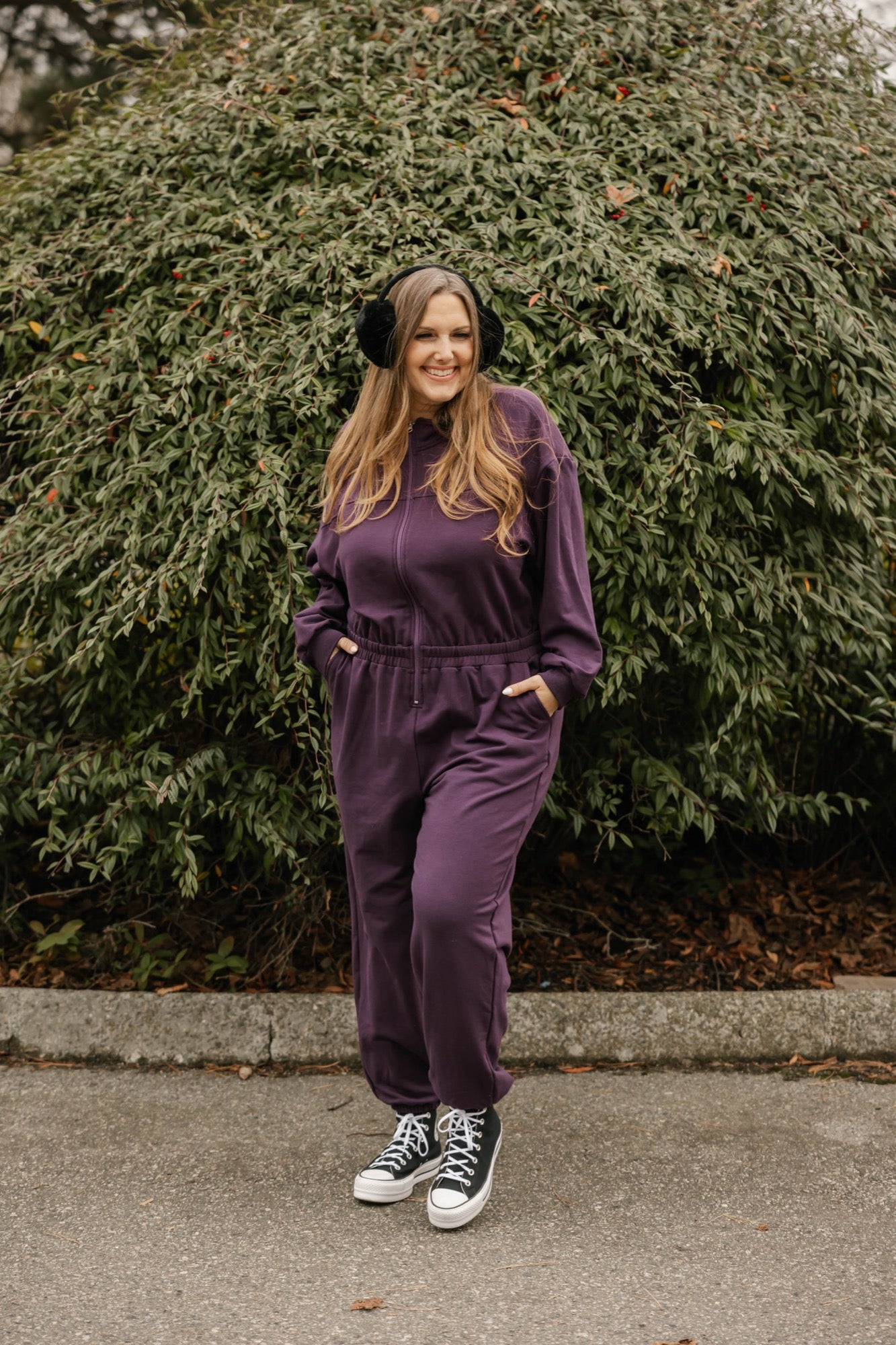 Sadi Sweatfleece Romper in Deep Plum