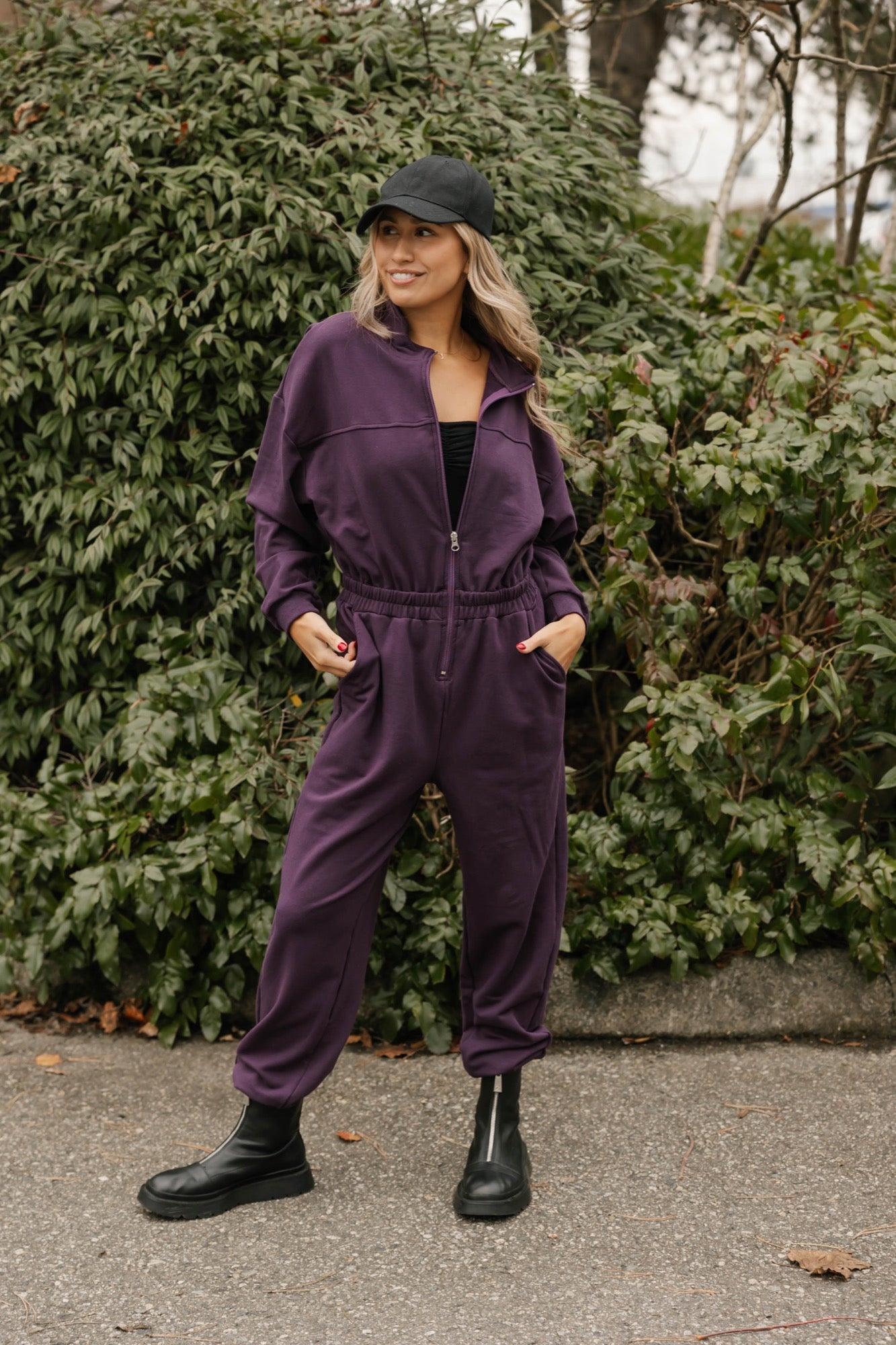 Sadi Sweatfleece Romper in Deep Plum