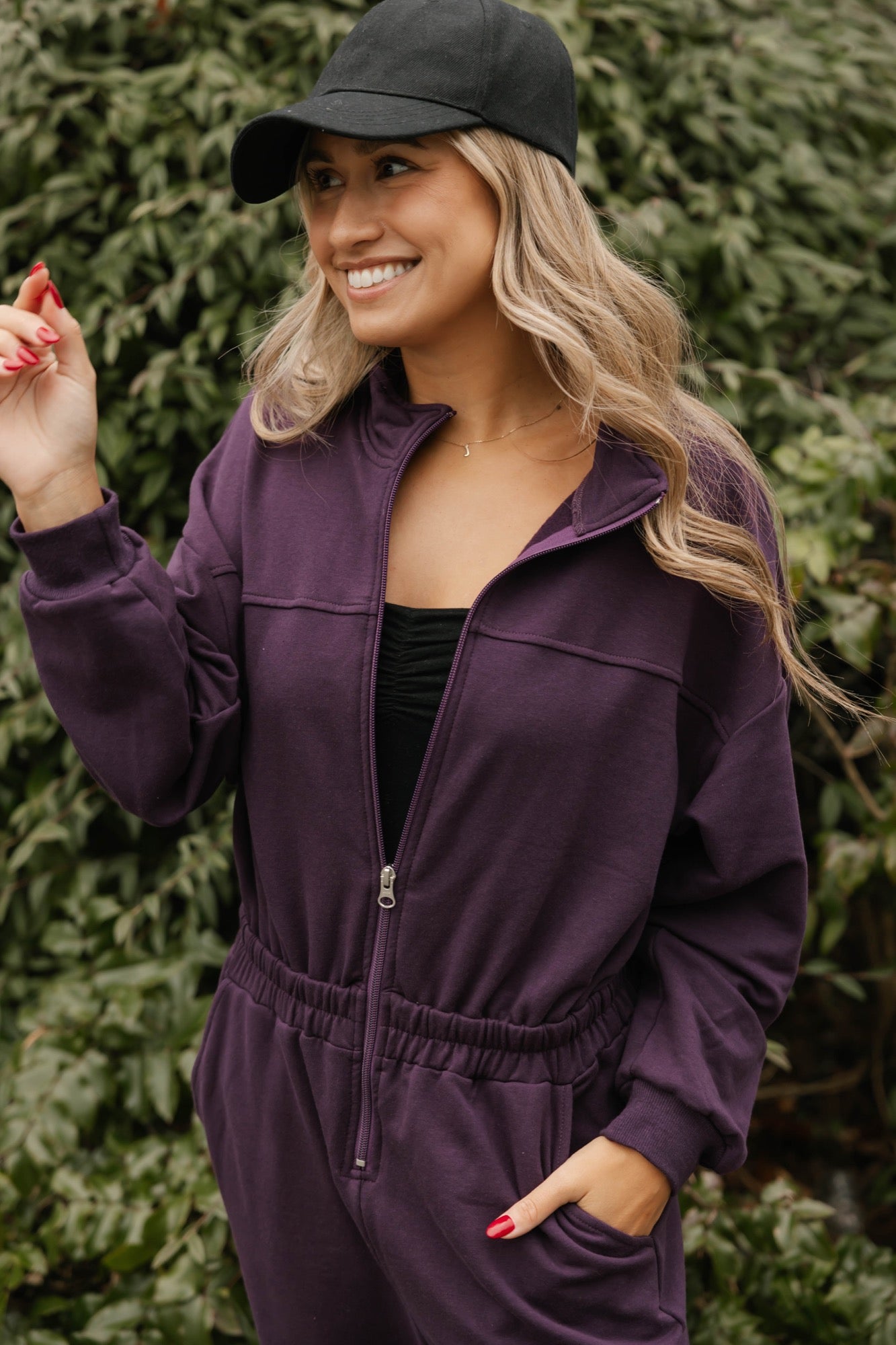 Sadi Sweatfleece Romper in Deep Plum