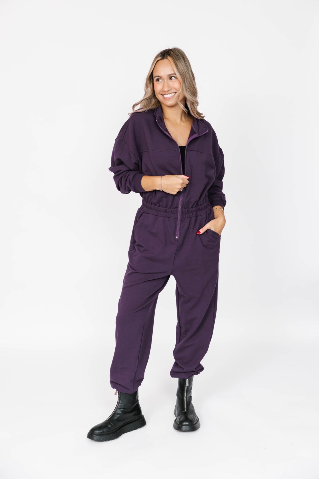 Sadi Sweatfleece Romper in Deep Plum