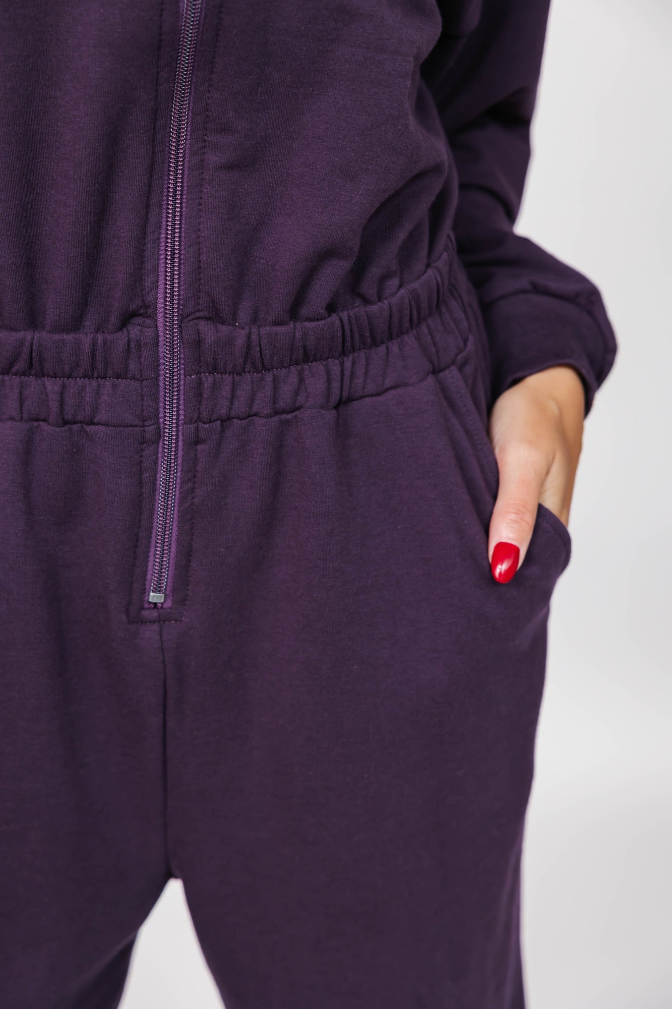 Sadi Sweatfleece Romper in Deep Plum