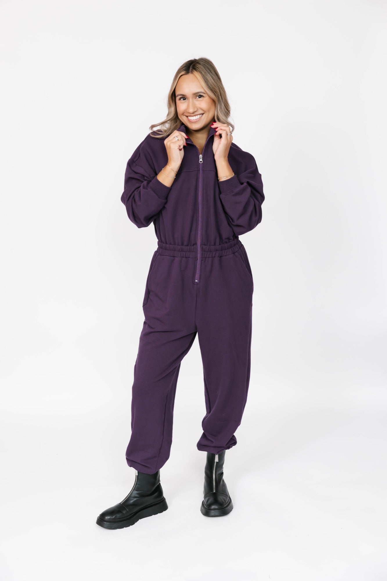 Sadi Sweatfleece Romper in Deep Plum