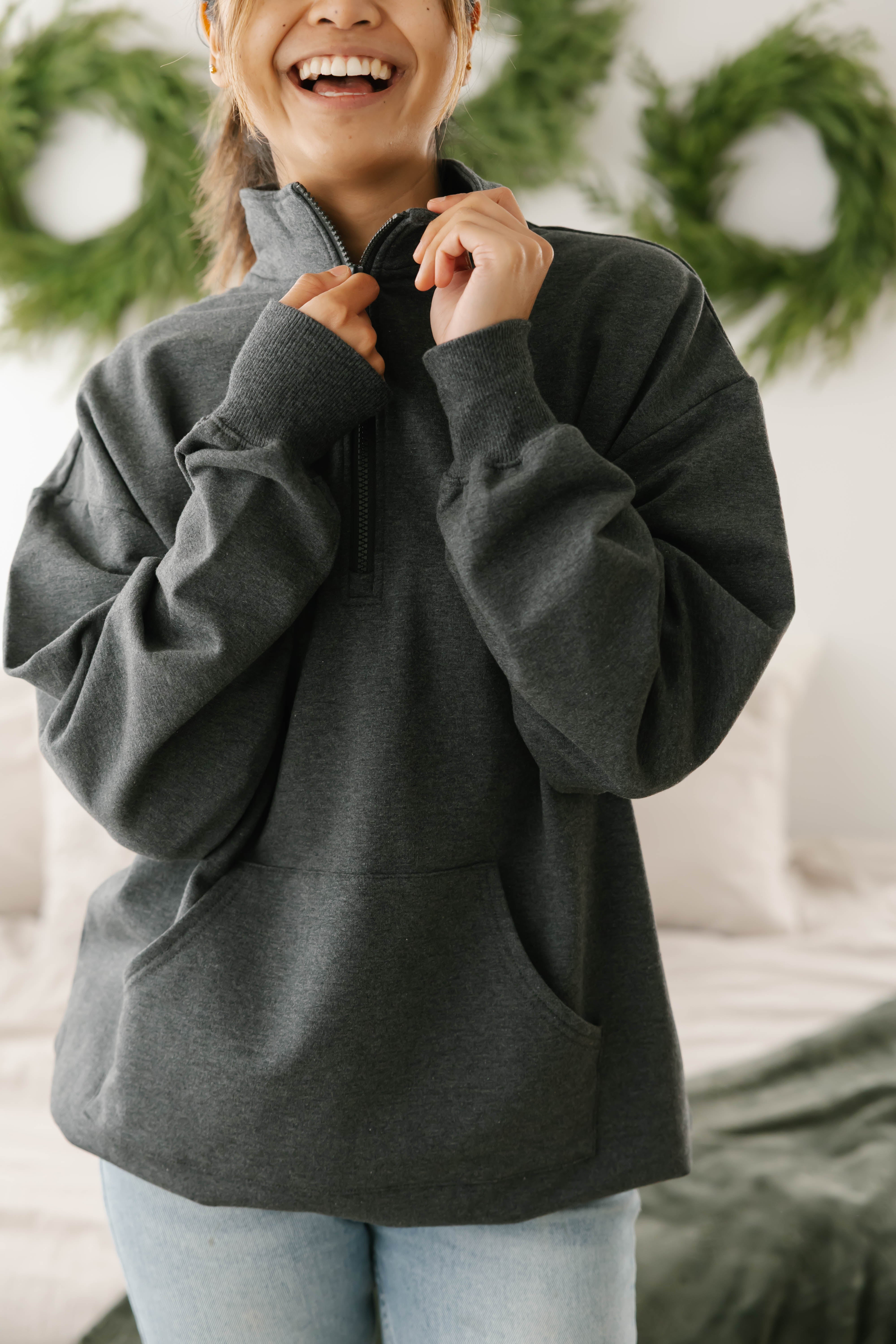 Sara Sweatfleece 1/4 Zip Top in Heather Charcoal