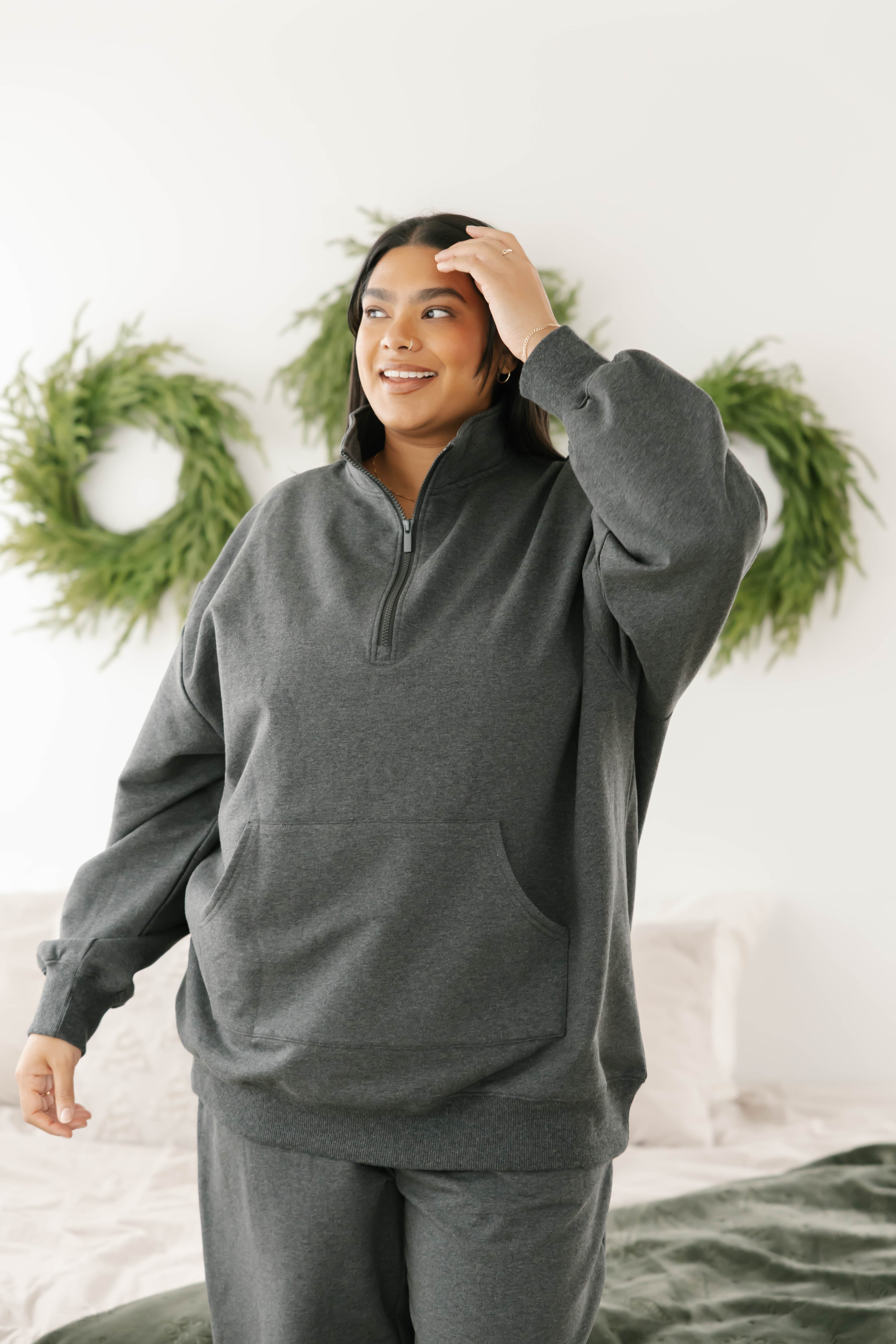 Sara Sweatfleece 1/4 Zip Top in Heather Charcoal