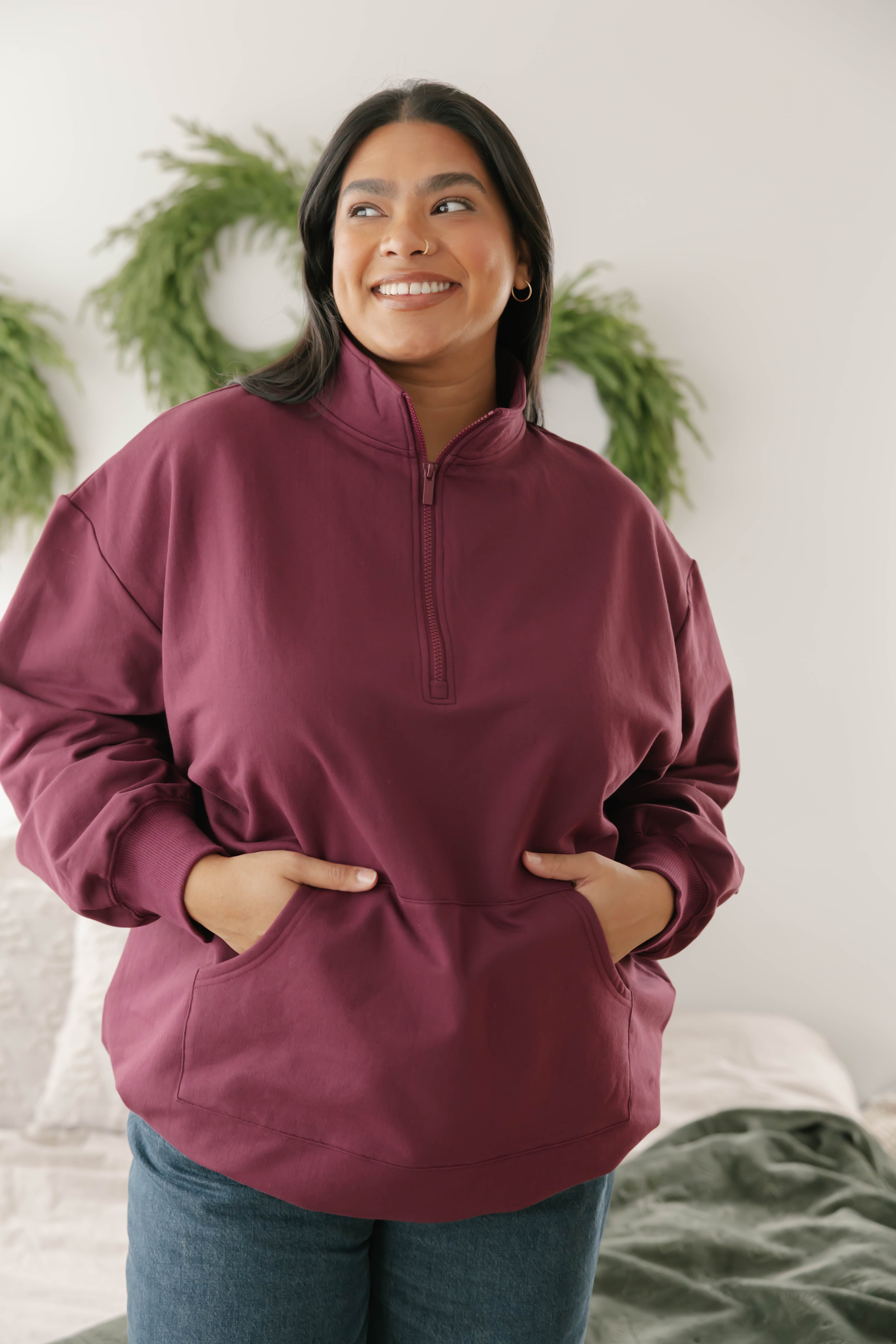 Sara Sweatfleece 1/4 Zip Top in Maroon