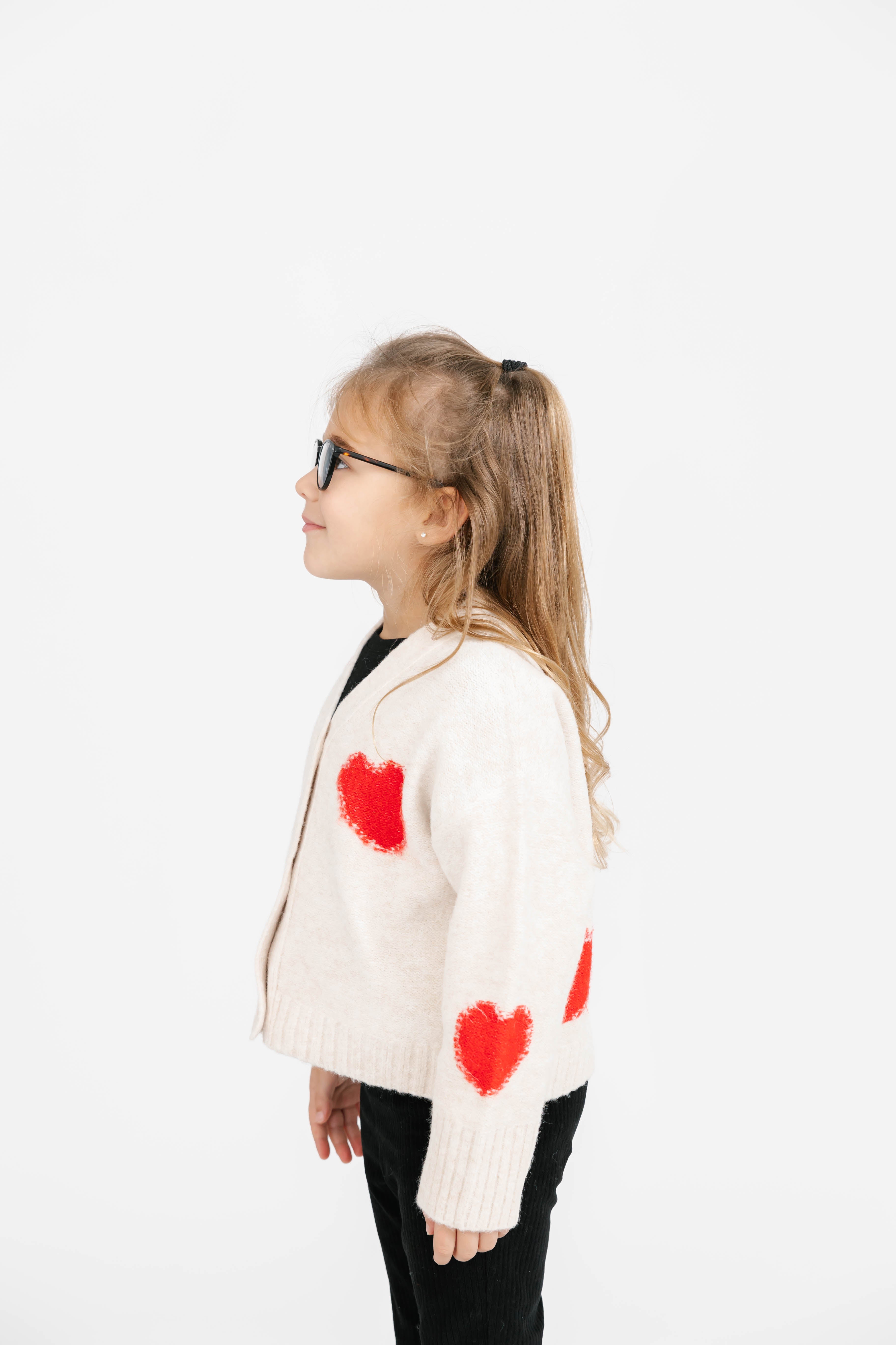 Kids Eloise Heart Cardigan in Ecru Red Combo