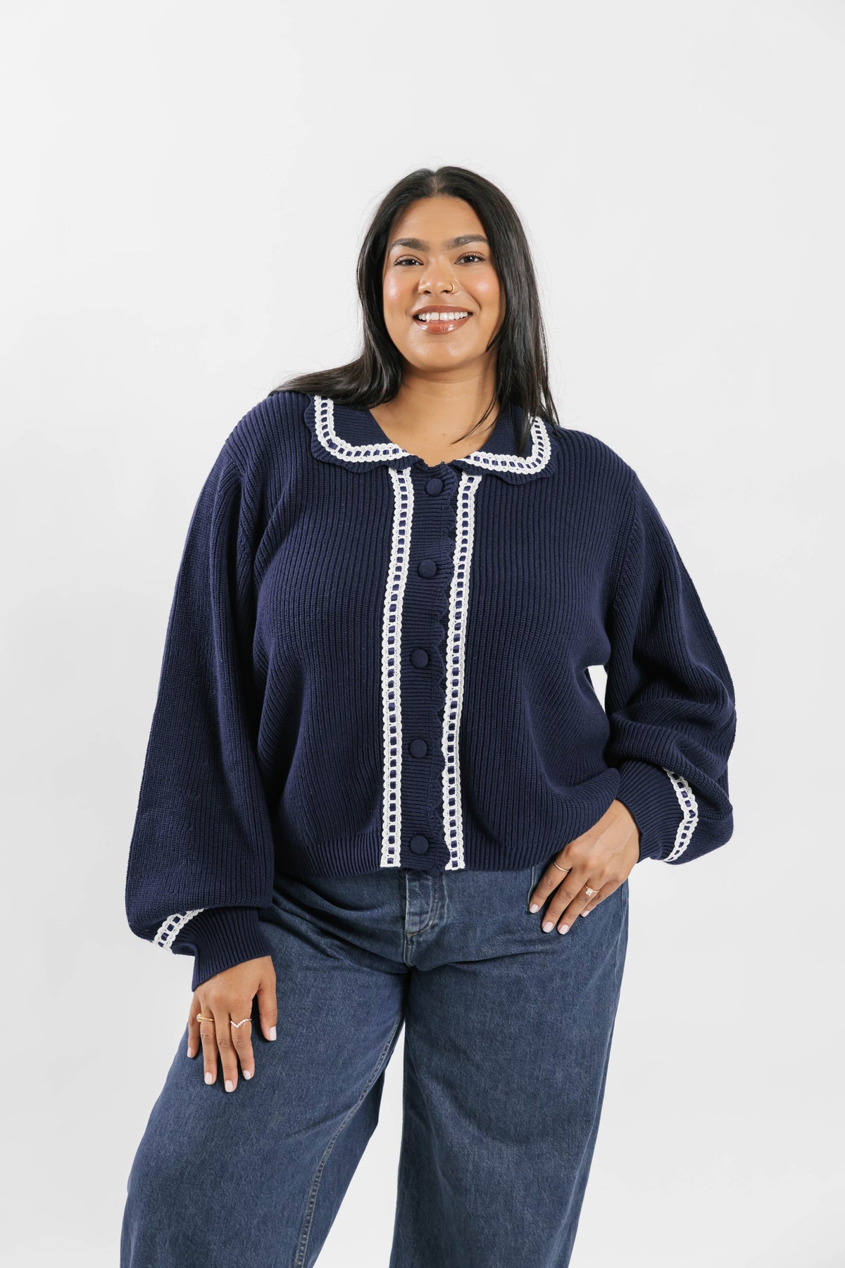 Sweet Scallop Cardigan in Navy/Cream