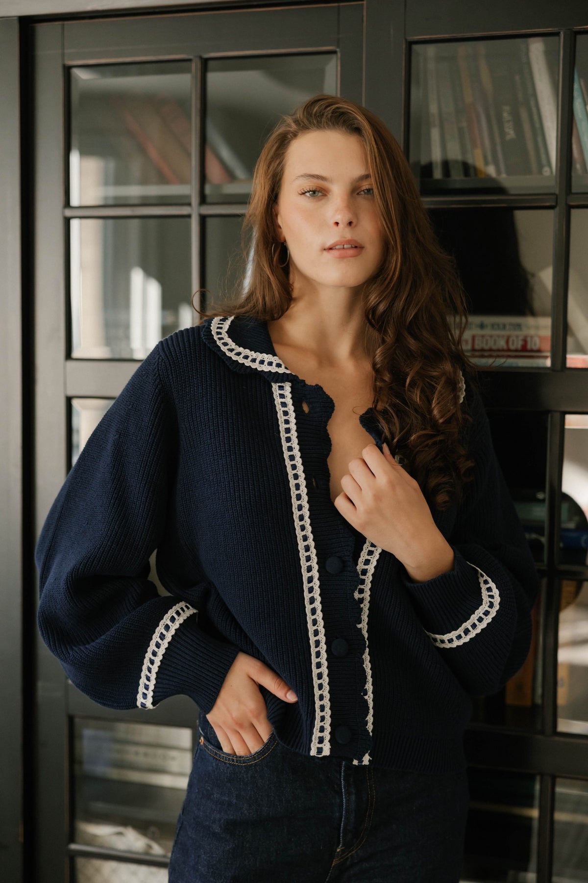 Sweet Scallop Cardigan in Navy/Cream