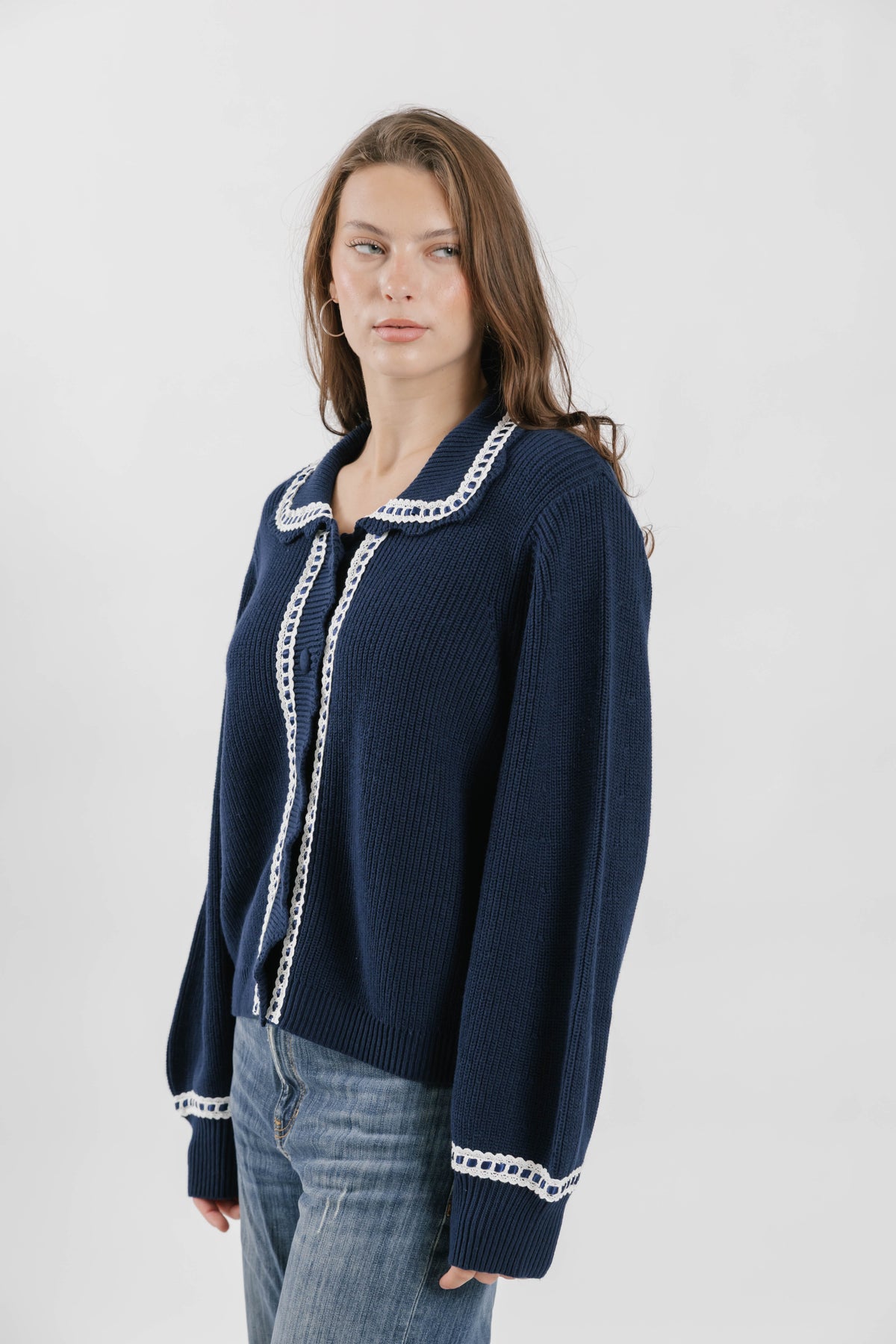 Sweet Scallop Cardigan in Navy/Cream