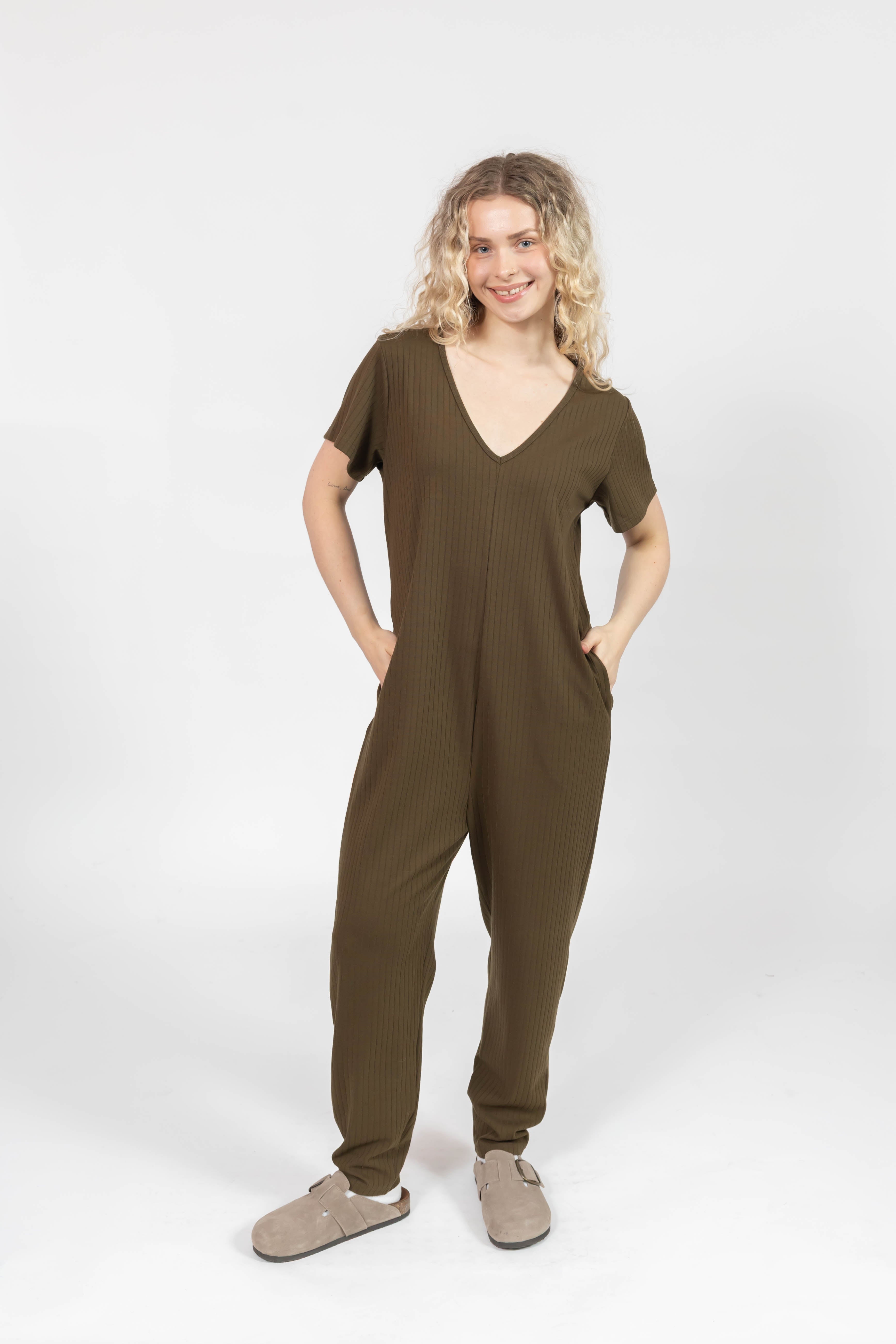 Sunday Ribbed Romper in Juniper Green