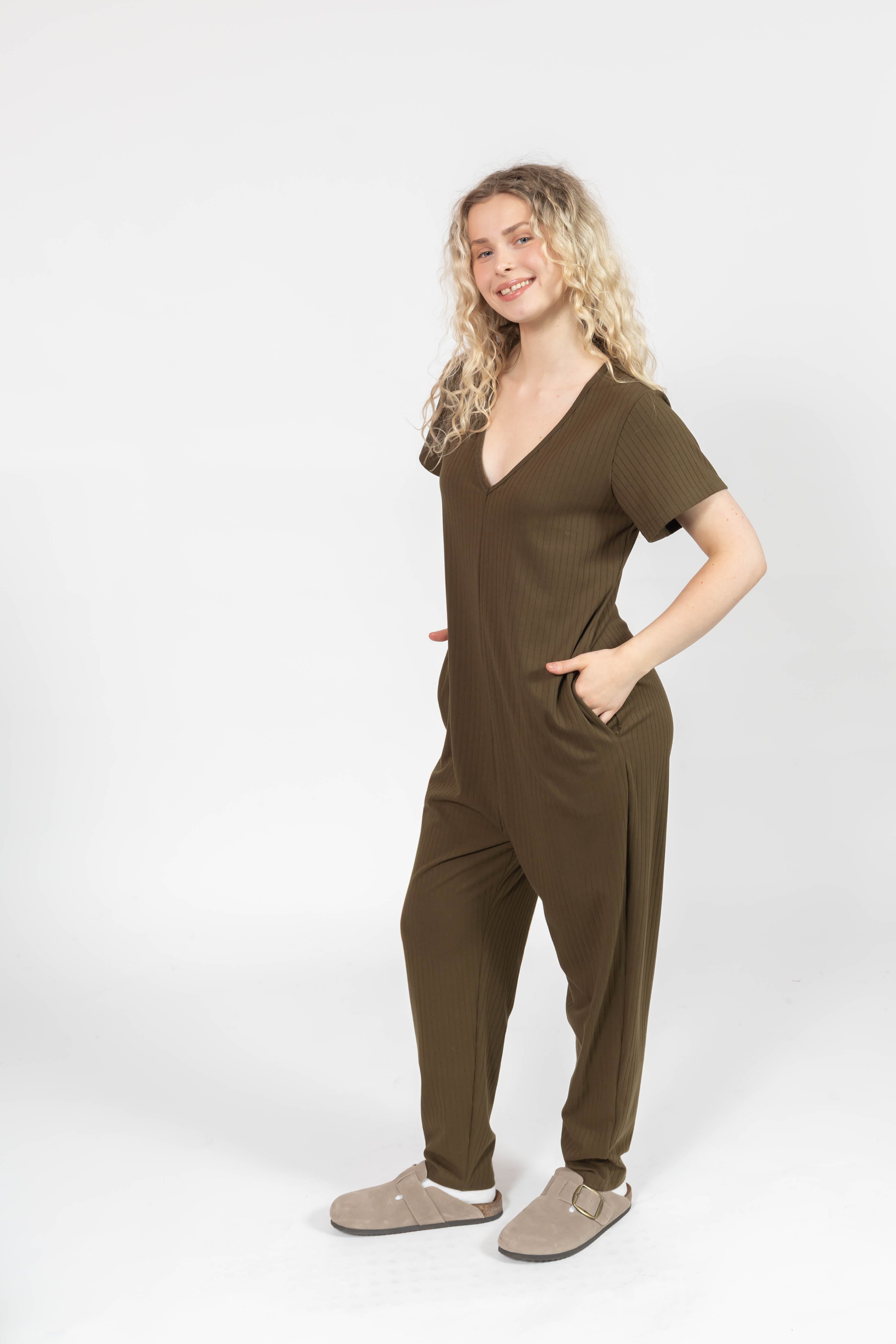 Sunday Ribbed Romper in Juniper Green