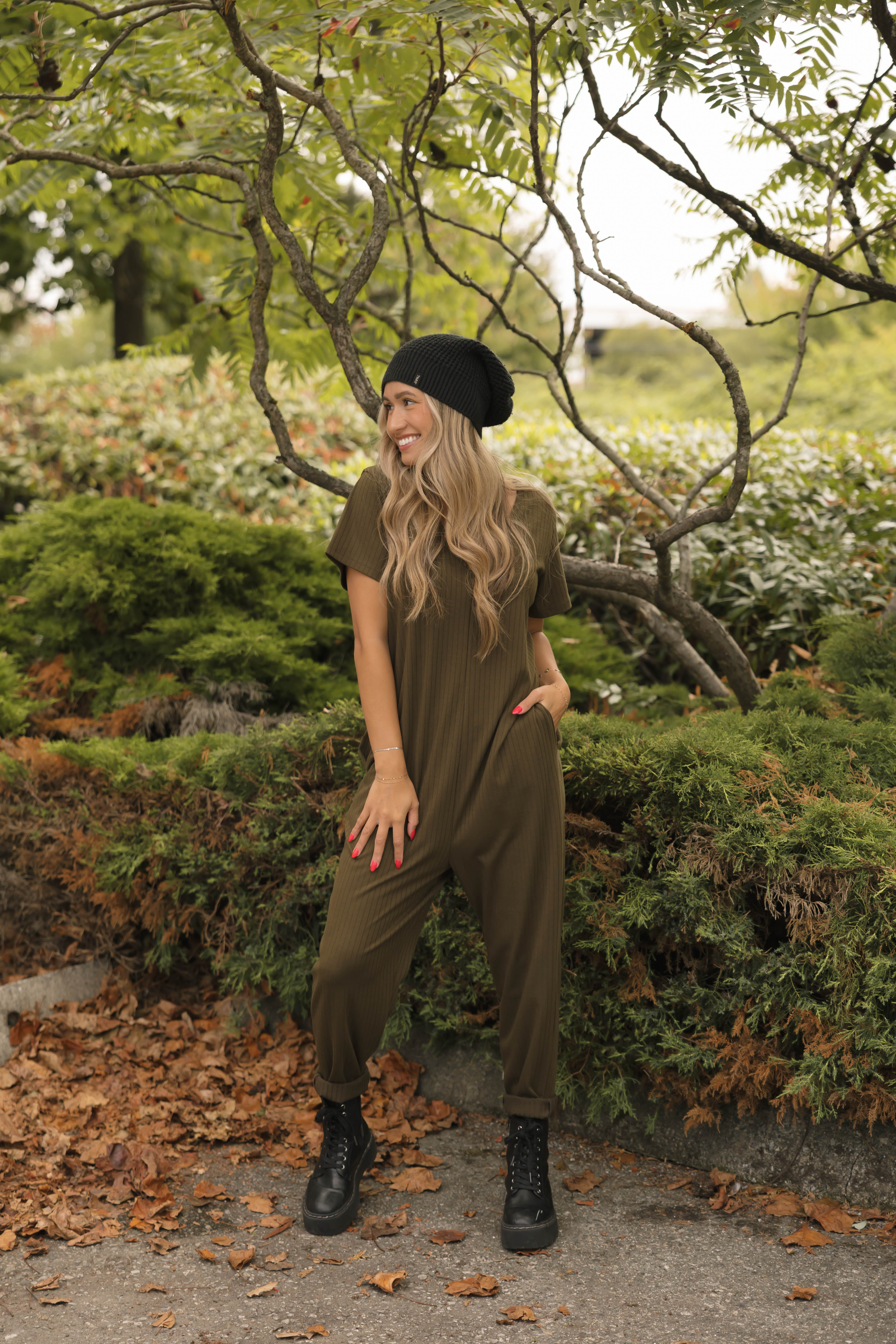 Sunday Ribbed Romper in Juniper Green