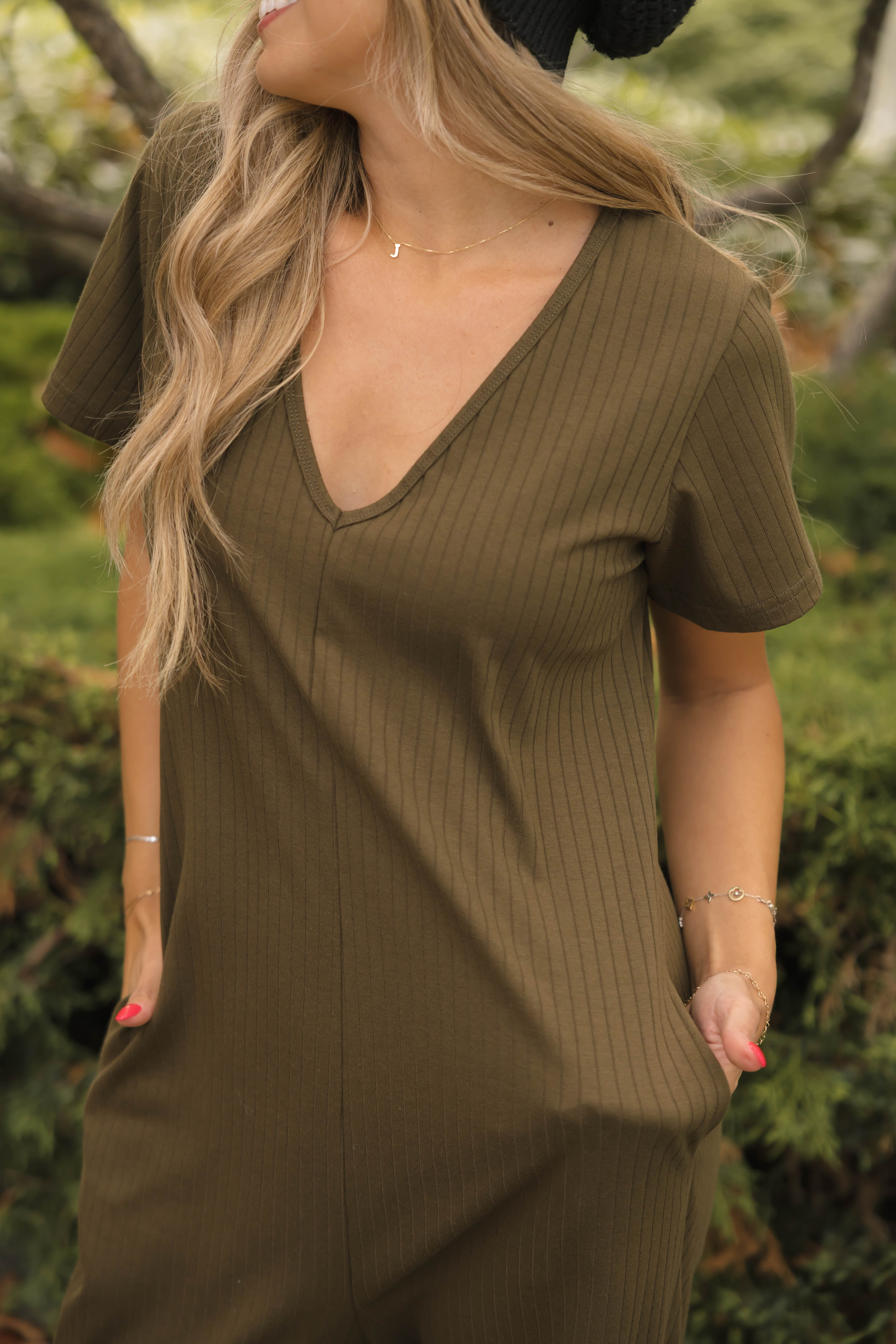 Sunday Ribbed Romper in Juniper Green