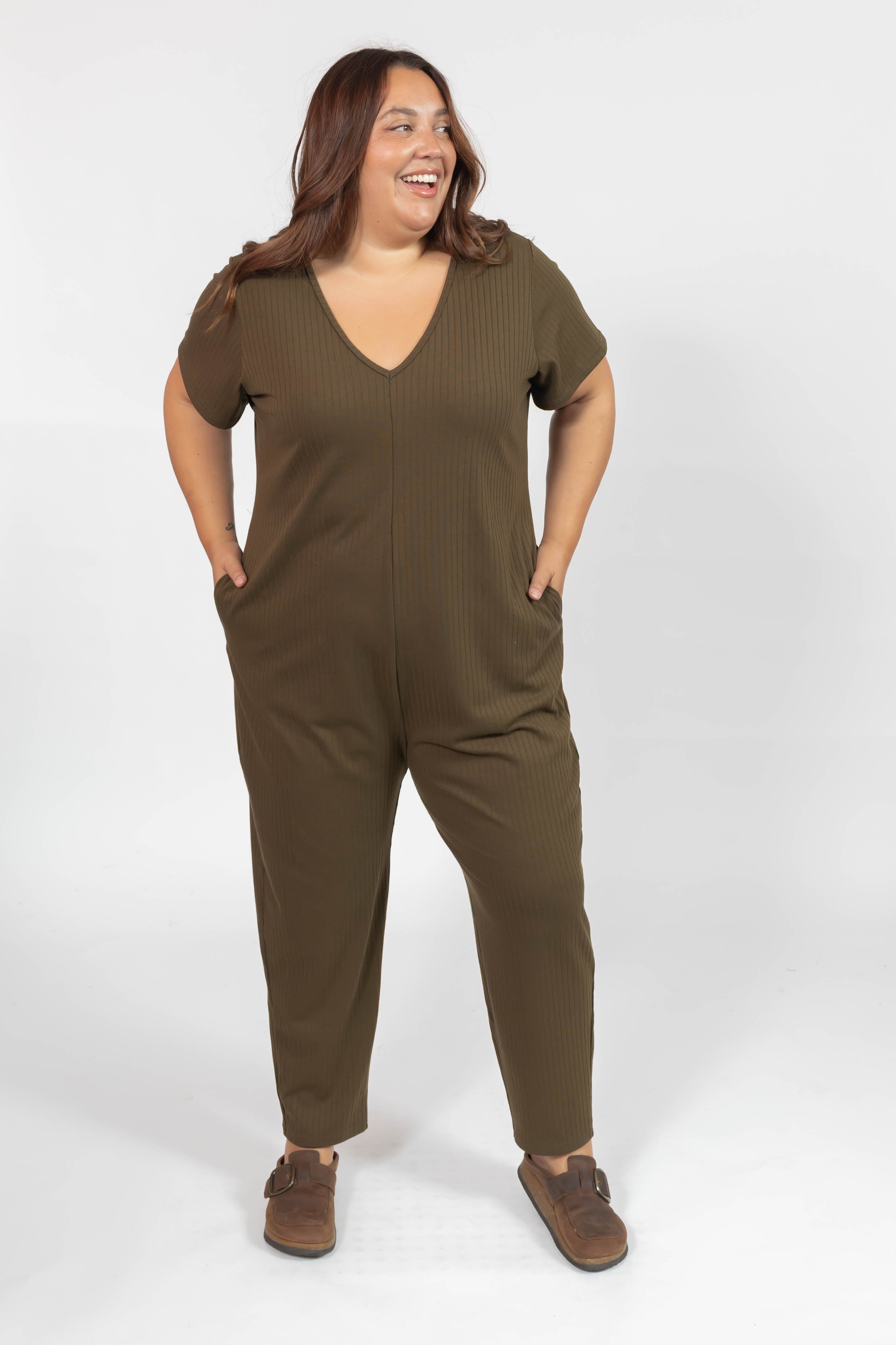 Sunday Ribbed Romper in Juniper Green