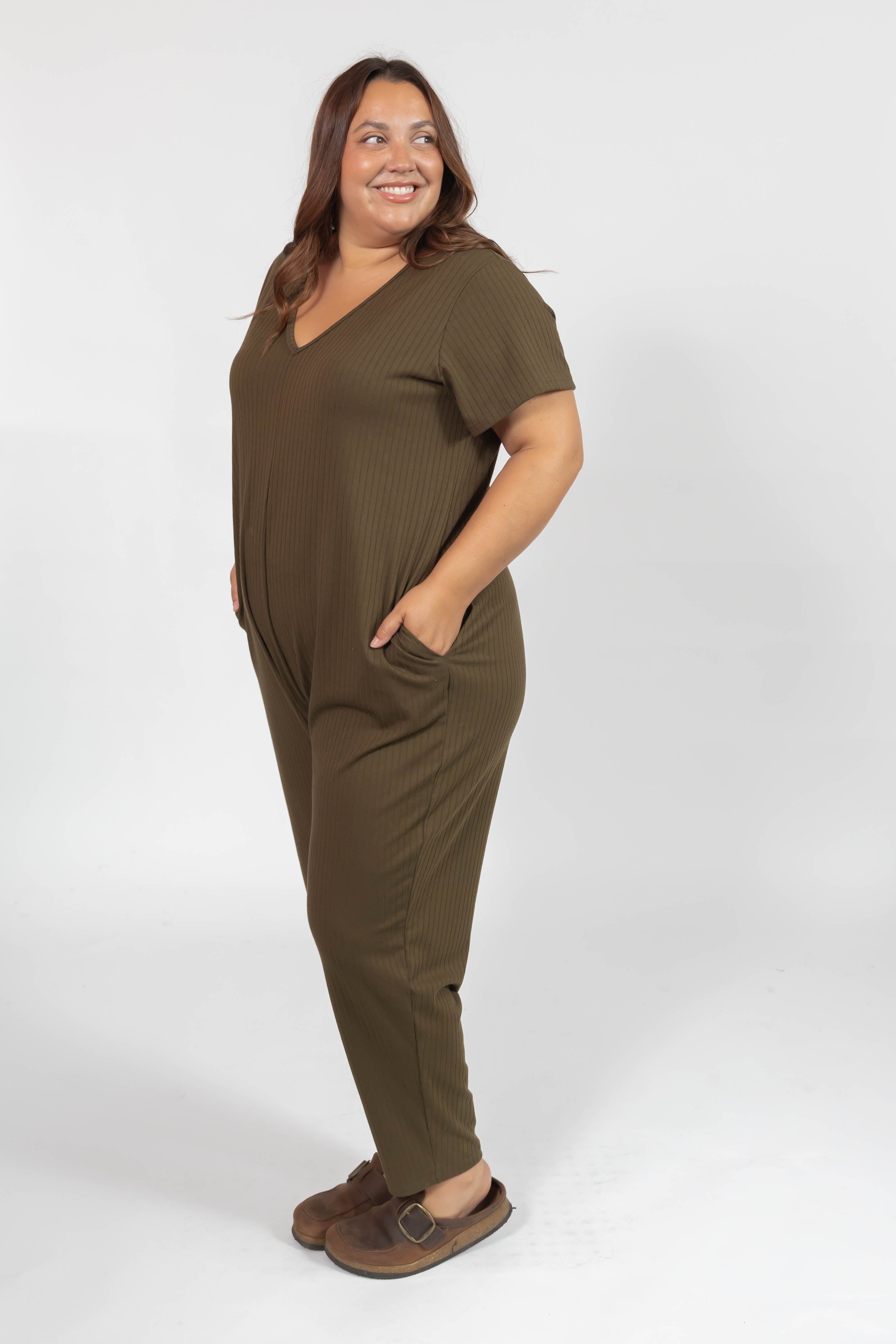 Sunday Ribbed Romper in Juniper Green