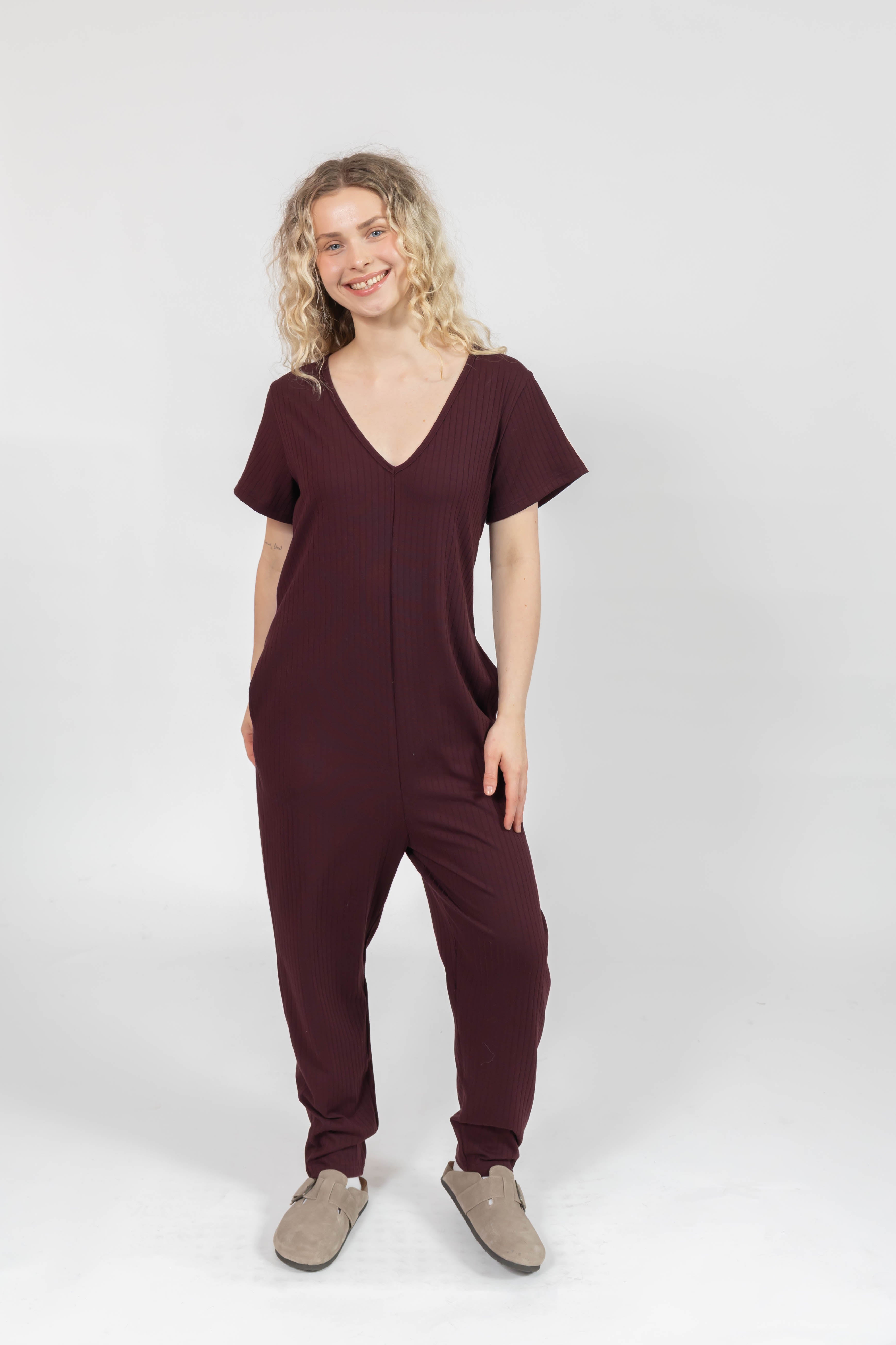 Sunday Ribbed Romper in Mulberry