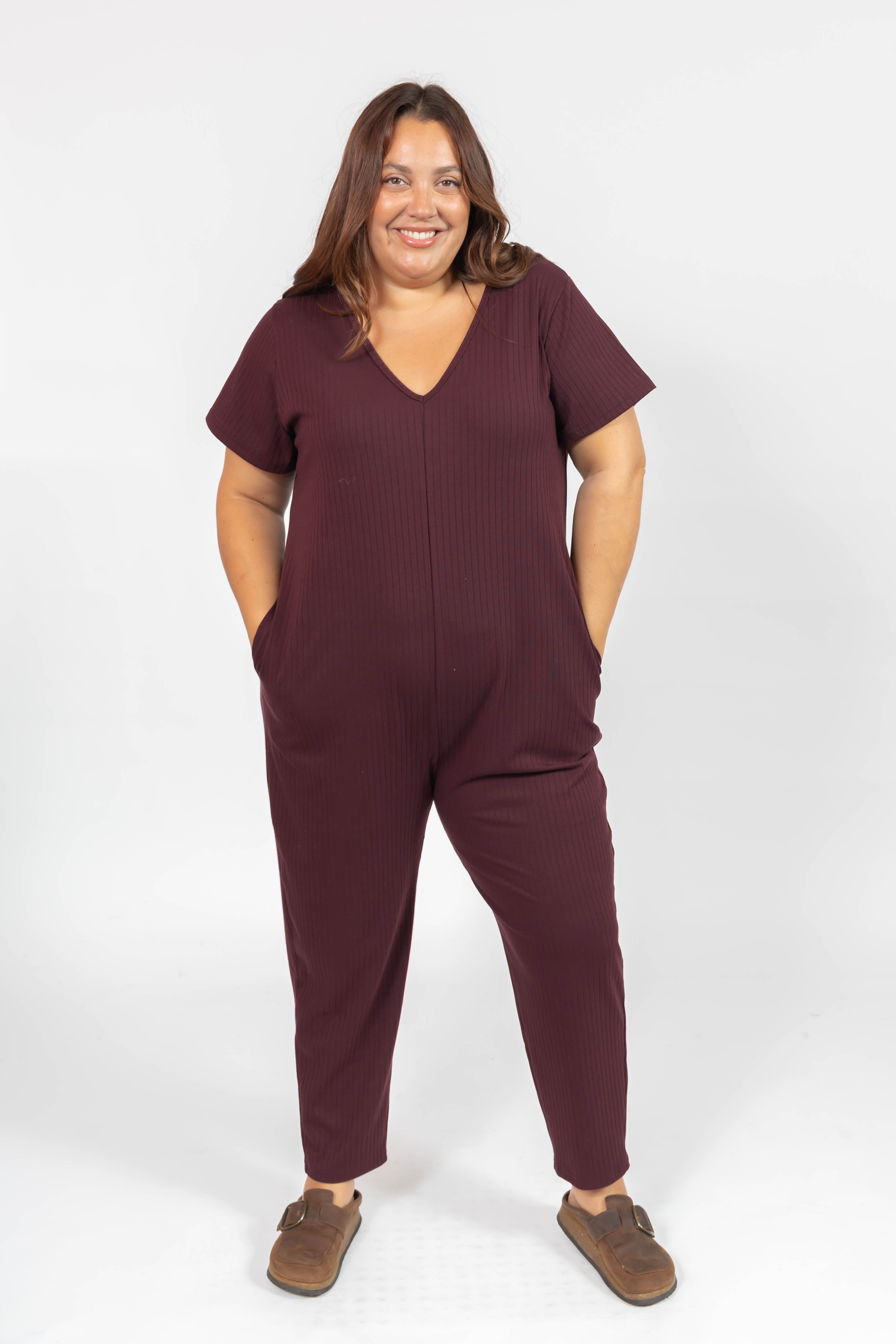 Sunday Ribbed Romper in Mulberry