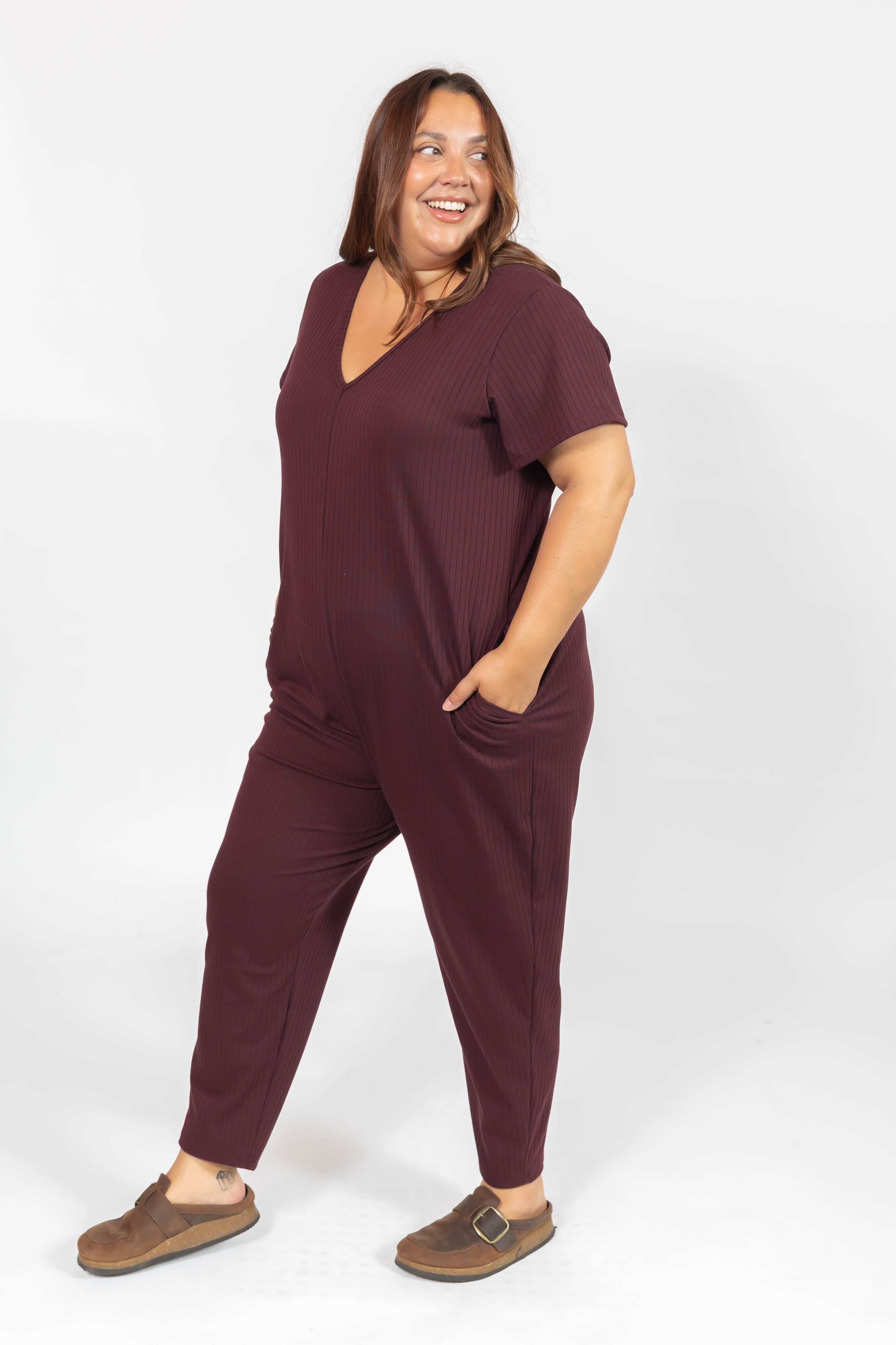 Sunday Ribbed Romper in Mulberry