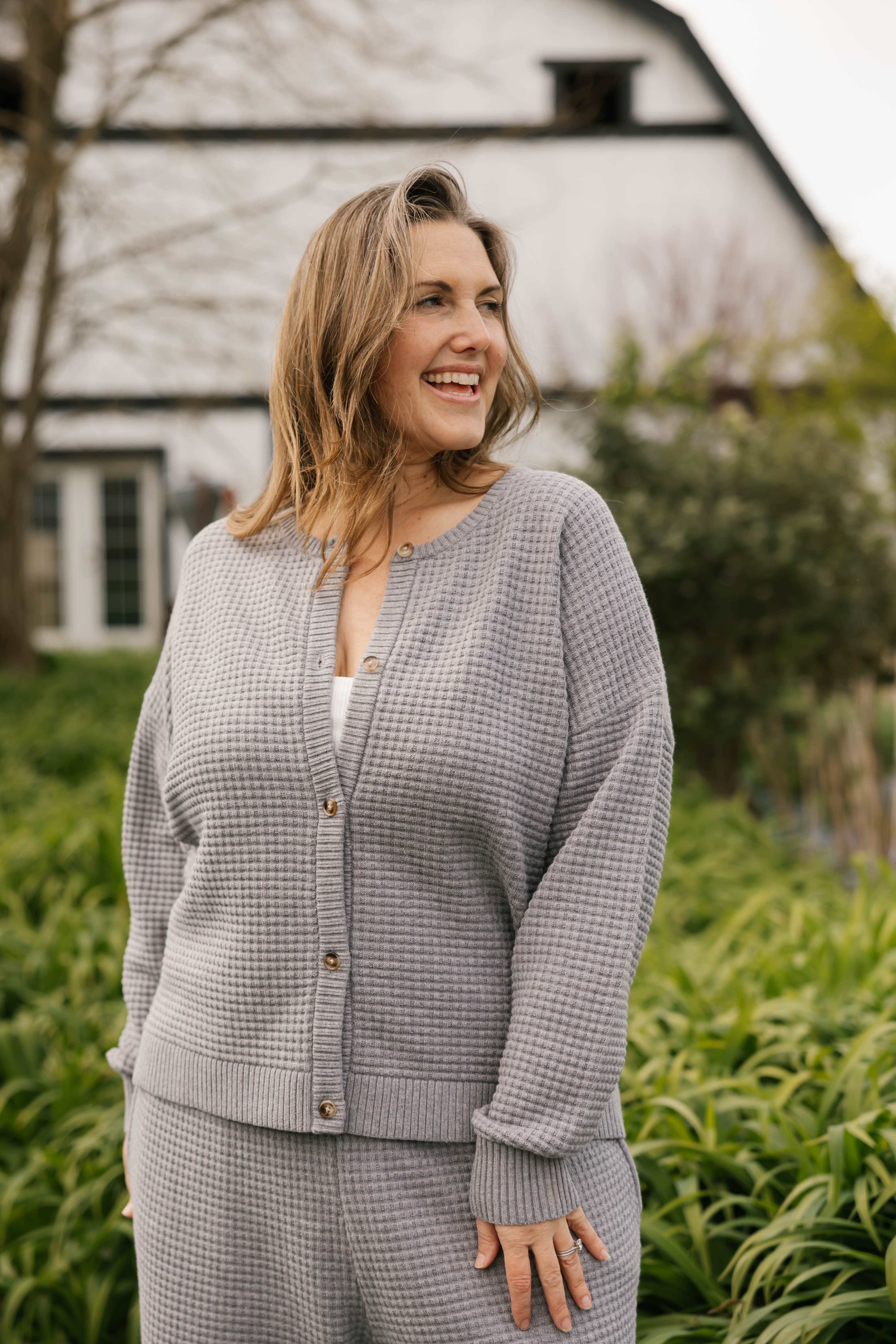 Megan Waffle Cardigan in Heather Grey