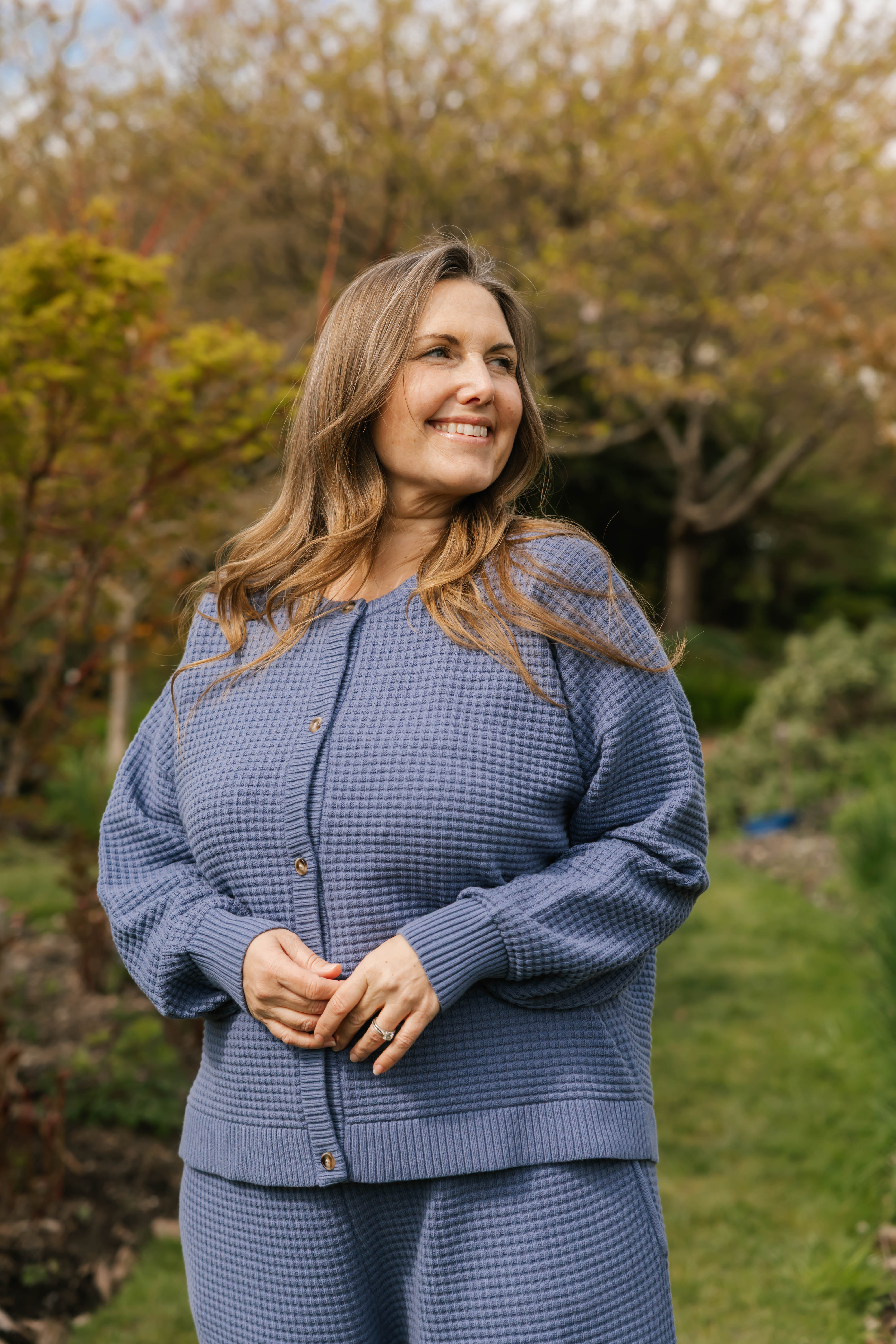 Megan Waffle Cardigan in Slate Blue