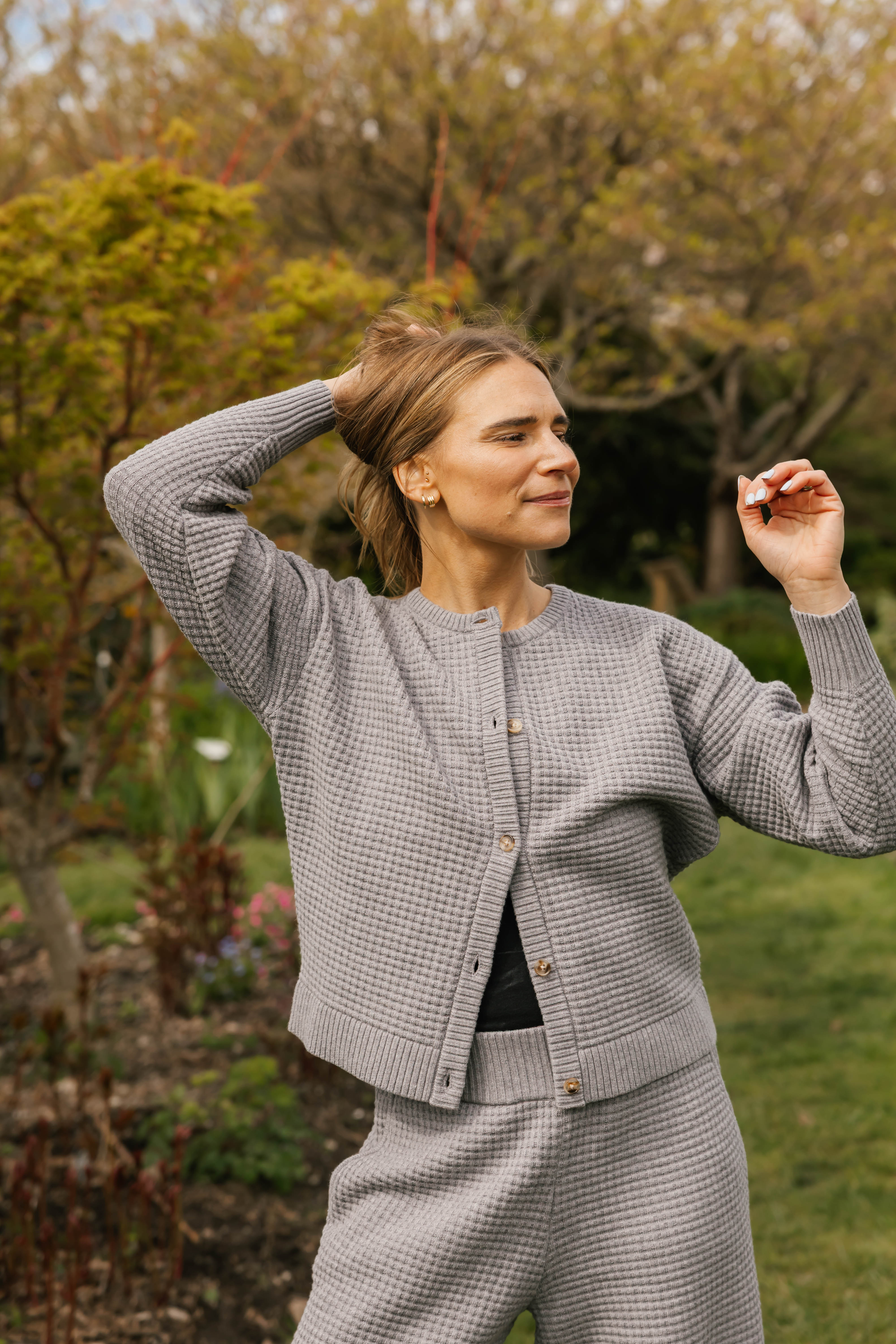 Megan Waffle Cardigan in Heather Grey