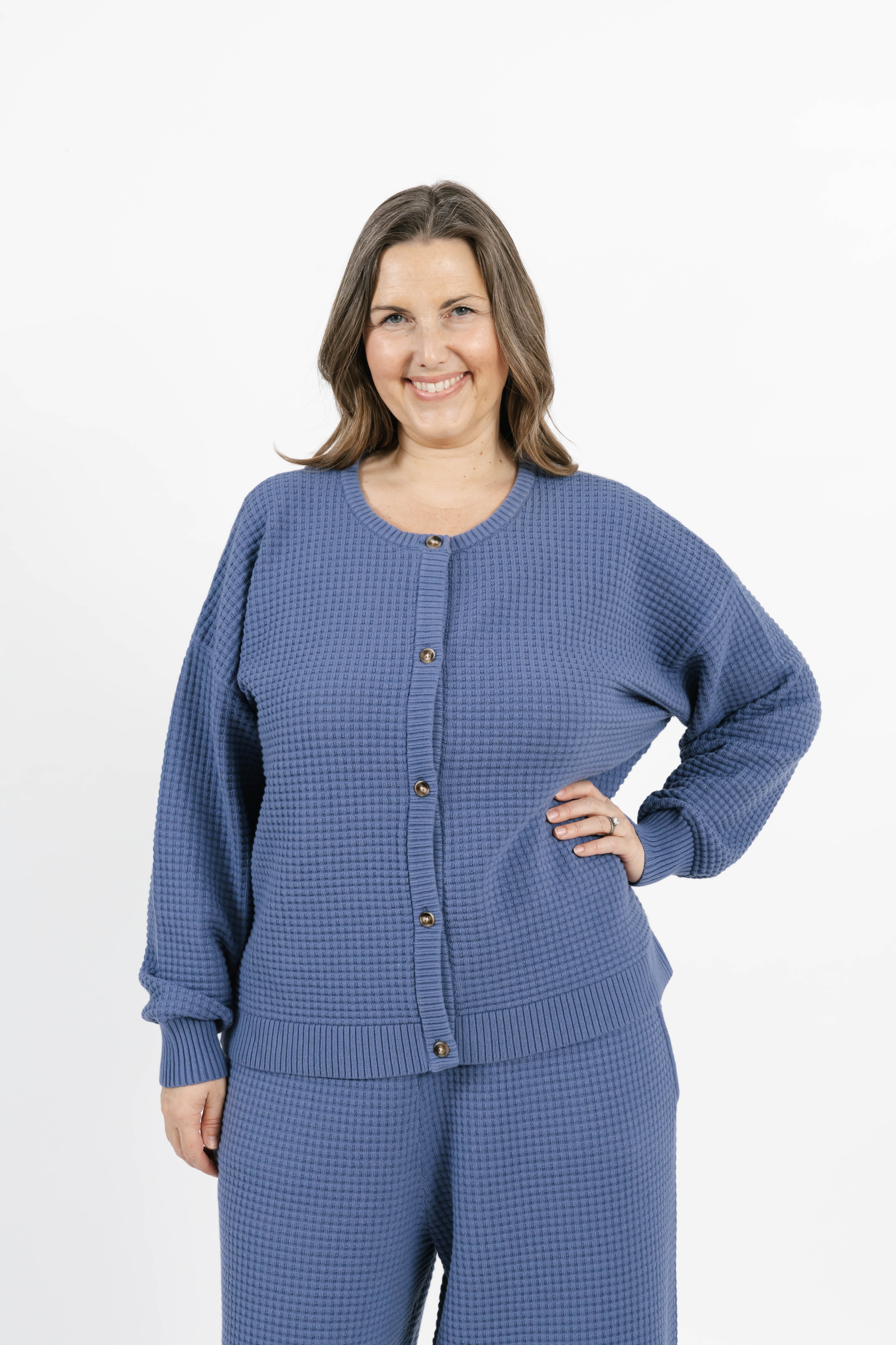 Megan Waffle Cardigan in Slate Blue